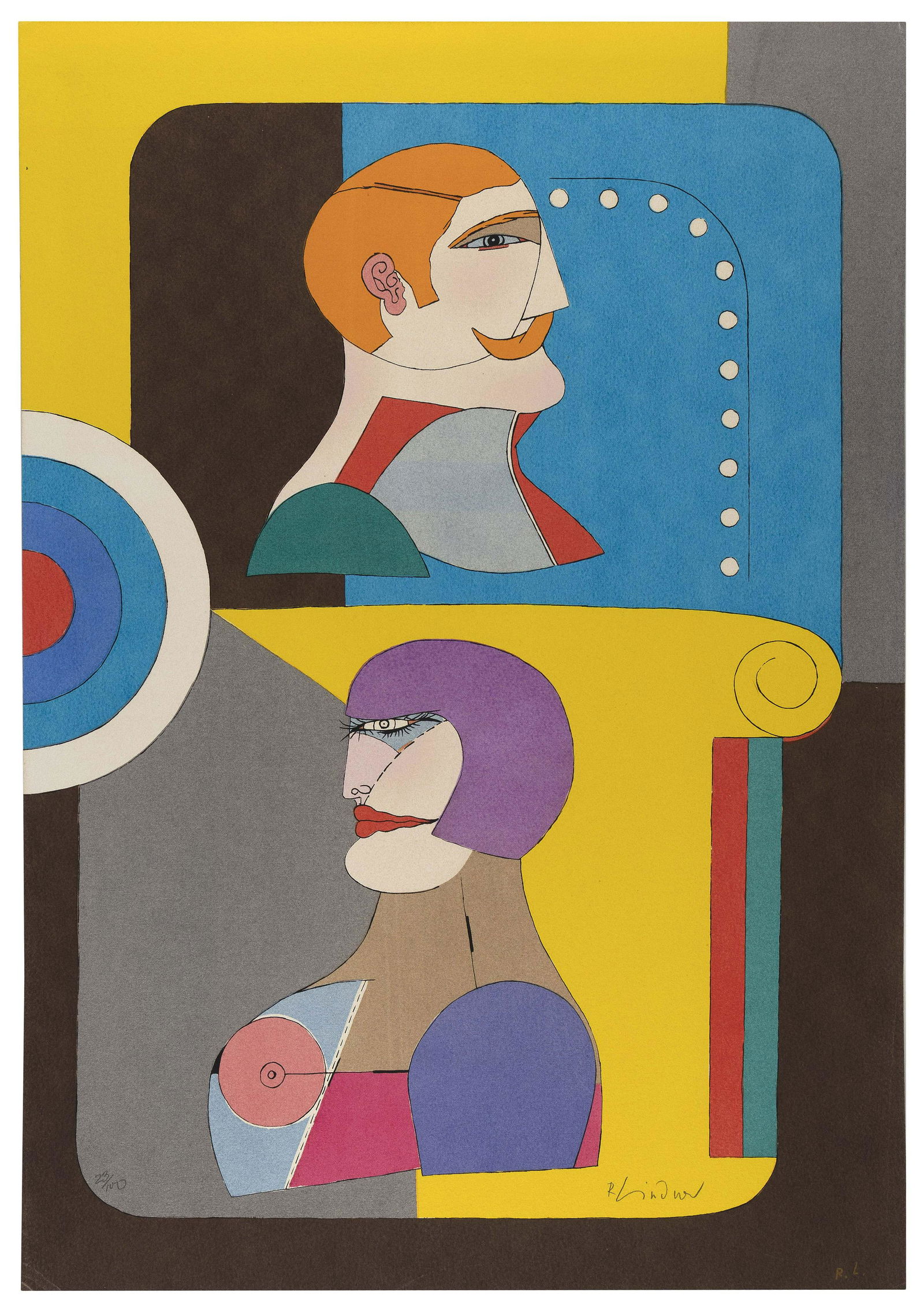RICHARD LINDNER (New York/Germany/France, 1901-1978), Two profiles., Color lithograph, 25” x: RICHARD LINDNERNew York/Germany/France, 1901-1978Two profiles. Signed and numbered 23/100 in pencil lower margin.Color lithograph, 25” x 17.75”. Unframed.