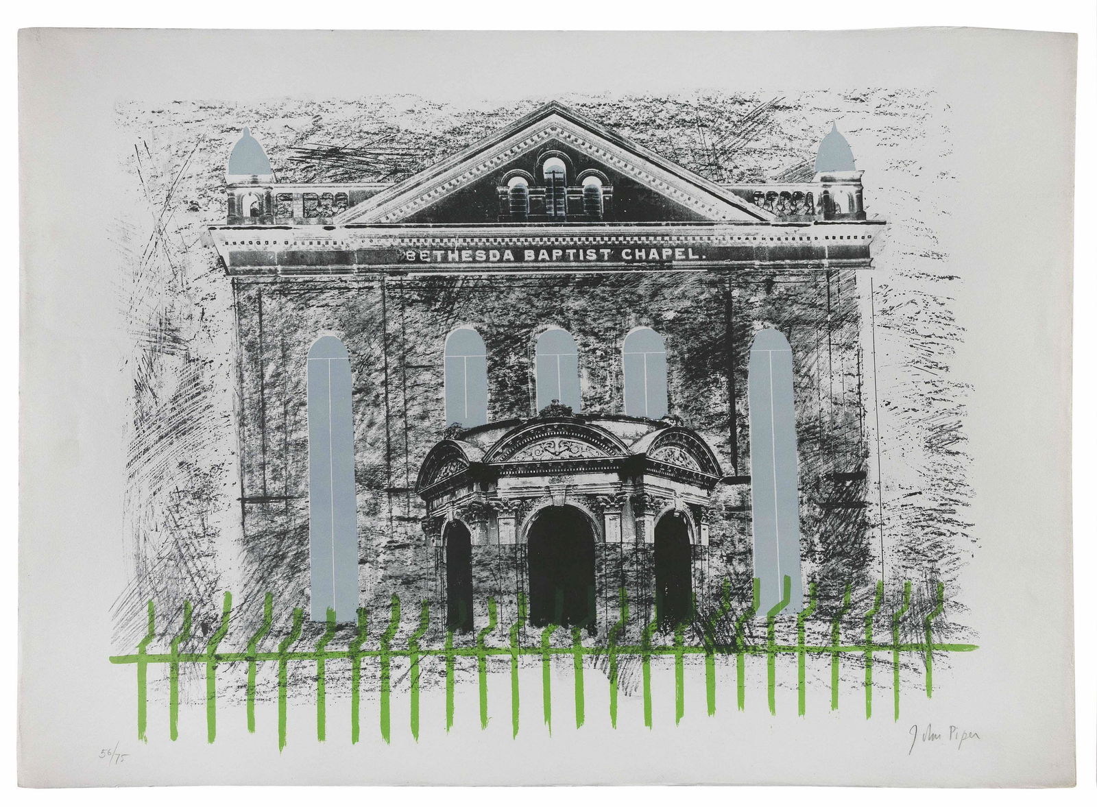 JOHN PIPER (England, 1903-1992), Bethesda Baptist Chapel, Swansea., Color lithograph on wove paper: JOHN PIPEREngland, 1903-1992Bethesda Baptist Chapel, Swansea. Signed and numbered 56/75 in pencil lower margin. Published by Marlborough Fine Art, London. Printed by Curwen Studio, Chilford. Levinson