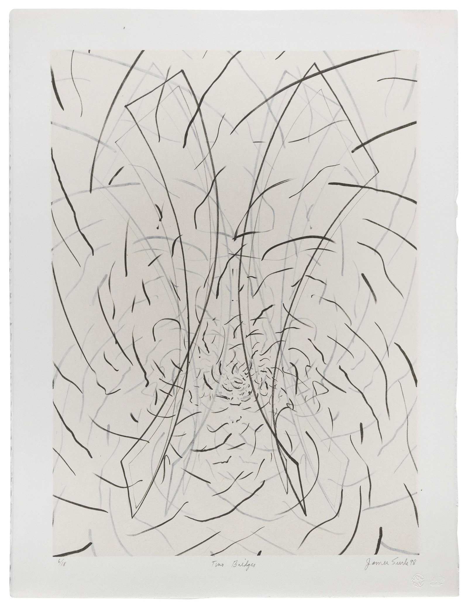 JAMES SURLS (Texas/Colorado, b. 1943), “Two Bridges”, 1998., Lithograph on chine: JAMES SURLSTexas/Colorado, b. 1943“Two Bridges”, 1998. Signed, titled, dated and numbered 6/18 in pencil lower margin.Lithograph on chine collé, sheet size 29” x 22.5”. Un