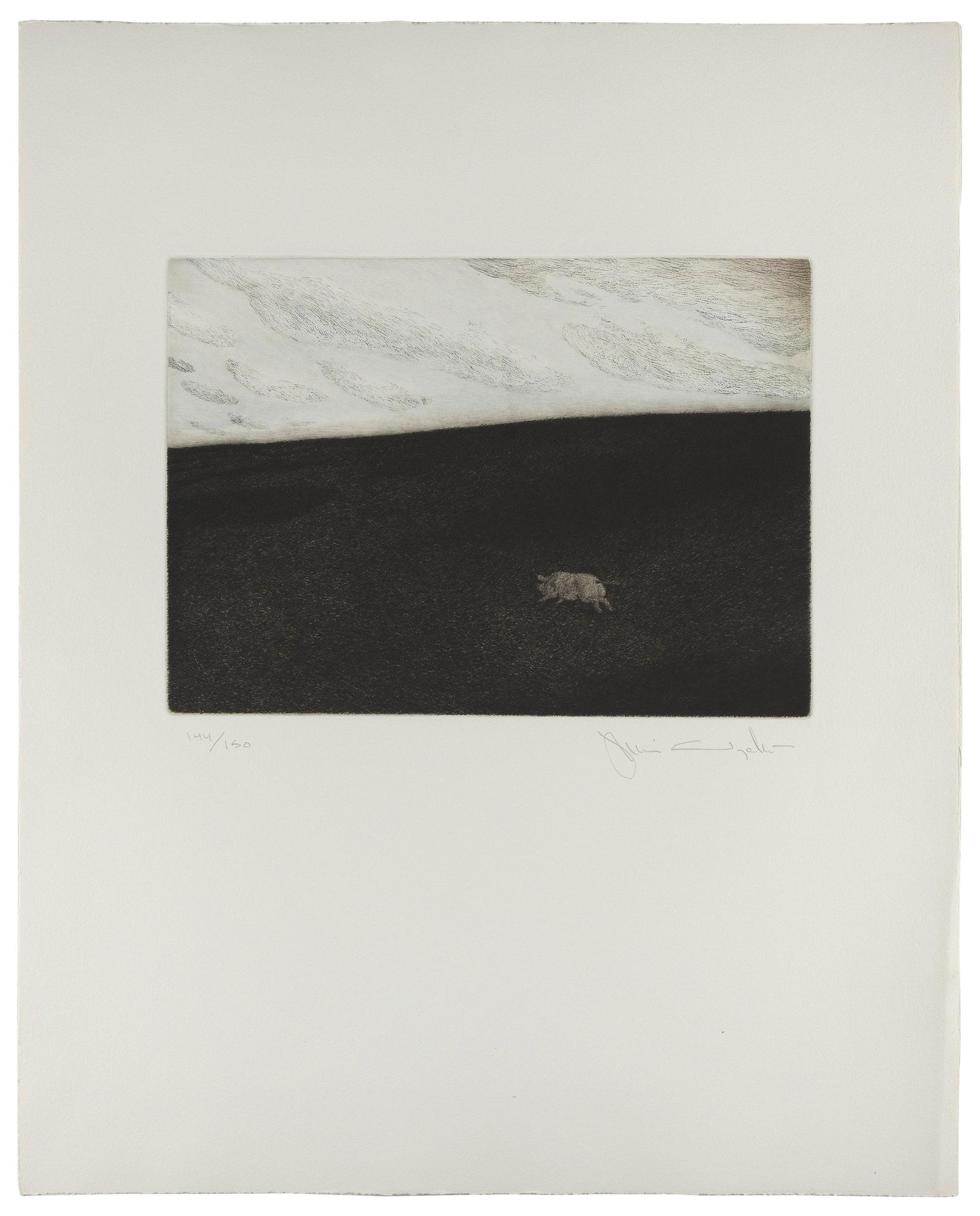 JAMIE WYETH (Pennsylvania/Maine/Delaware, b. 1946), Runaway Pig, 1980., Etching, 10” x: JAMIE WYETHPennsylvania/Maine/Delaware, b. 1946Runaway Pig, 1980. Signed and numbered 144/150 in pencil lower margin.Etching, 10” x 13.75”. Unframed.