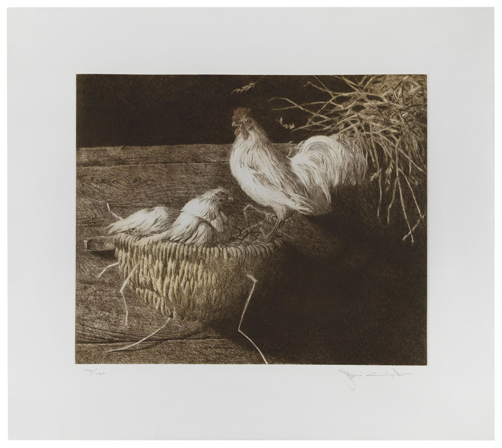 JAMIE WYETH (Pennsylvania/Maine/Delaware, b.1946), White Leghorns, 1981., Color etching, 17.75”: JAMIE WYETHPennsylvania/Maine/Delaware, b.1946White Leghorns, 1981. Signed and numbered 146/150 in pencil lower margin.Color etching, 17.75” x 21.75”. Unframed.