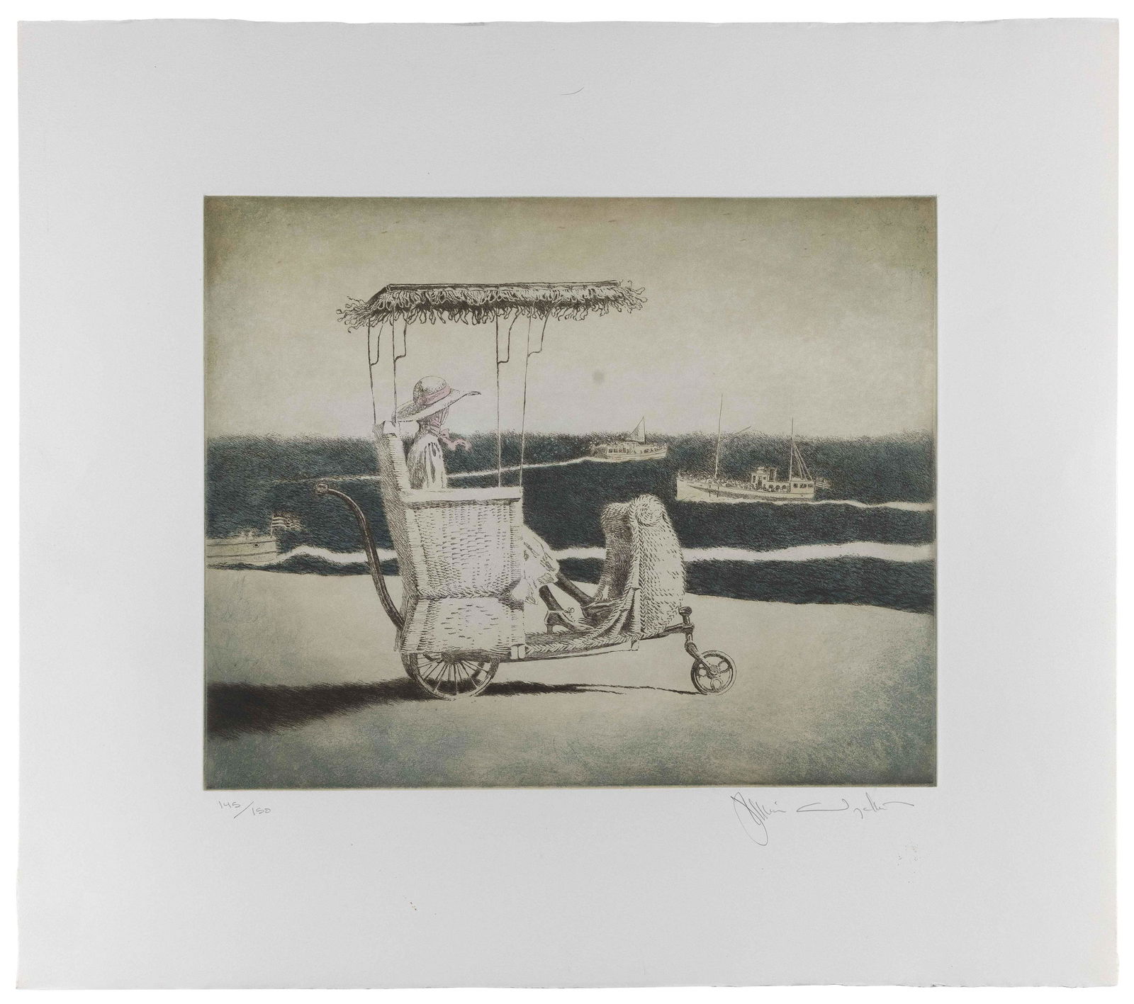 JAMIE WYETH (Pennsylvania/Maine/Delaware, b.1946), Atlantic City Rolling Chair, 1983., Color: JAMIE WYETHPennsylvania/Maine/Delaware, b.1946Atlantic City Rolling Chair, 1983. Signed and numbered 145/150 in pencil lower margin.Color etching, 13.75” x 17.5”. Unframed.