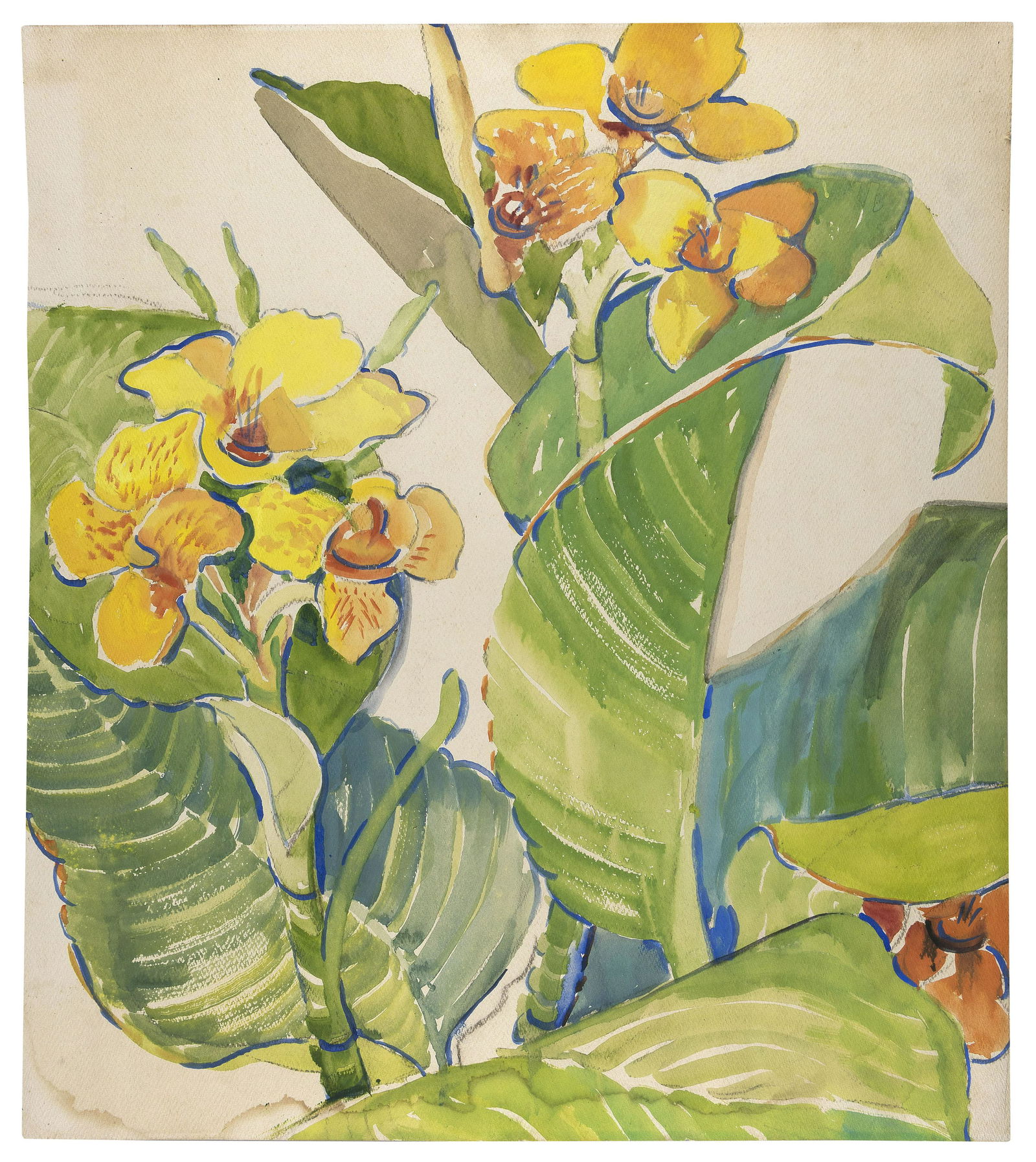 ATTRIBUTED TO JANE PETERSON Massachusetts/New York/Kansas, 1876-1965 Tropical flowers. Unsigned.: ATTRIBUTED TO JANE PETERSONMassachusetts/New York/Kansas, 1876-1965Tropical flowers. Unsigned.Watercolor on heavy cream wove paper, 28" x 24.5". Unframed.