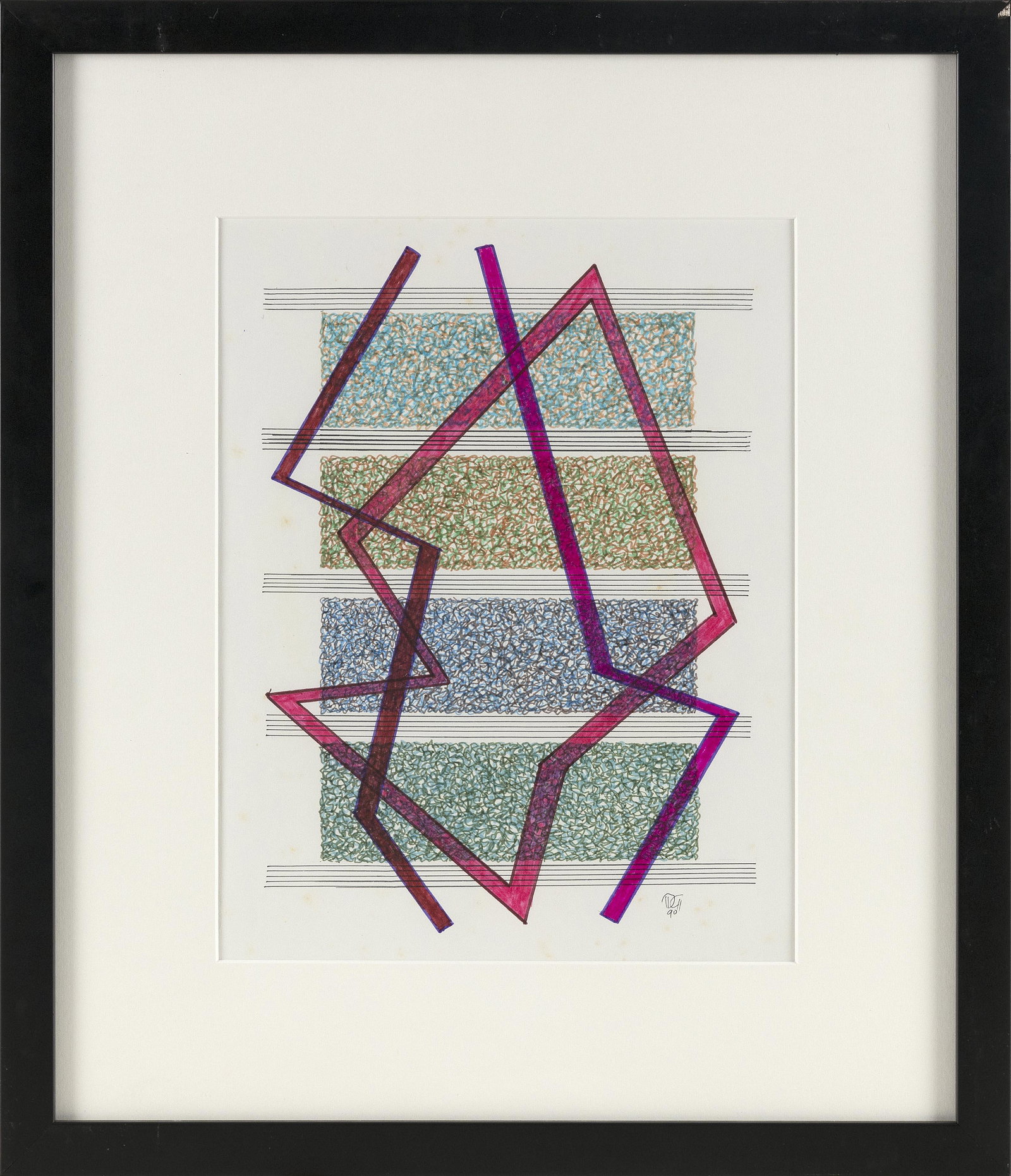 DWINELL (DWINNELL) GRANT New York, 1912-1991 Geometric composition, 1990. Initialed and dated: DWINELL (DWINNELL) GRANT New York, 1912-1991 Geometric composition, 1990. Initialed and dated “DG 90” lower right. Mixed media on cream wove paper, 13” x 10” sight. Framed 20.5