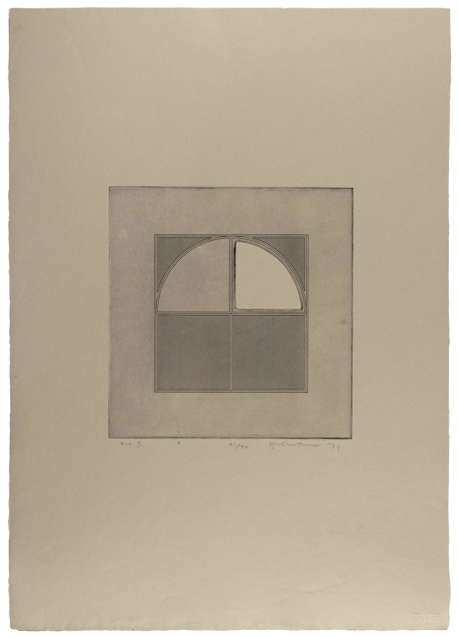 GORDON HOUSE Britain, 1932-2004 "Arc 3", 1971. Published by Waddington Graphics,: GORDON HOUSEBritain, 1932-2004"Arc 3", 1971. Published by Waddington Graphics, London. Printed by White Ink, London. Signed, dated, titled and numbered 21/40 in pencil lower margin.Etching,
