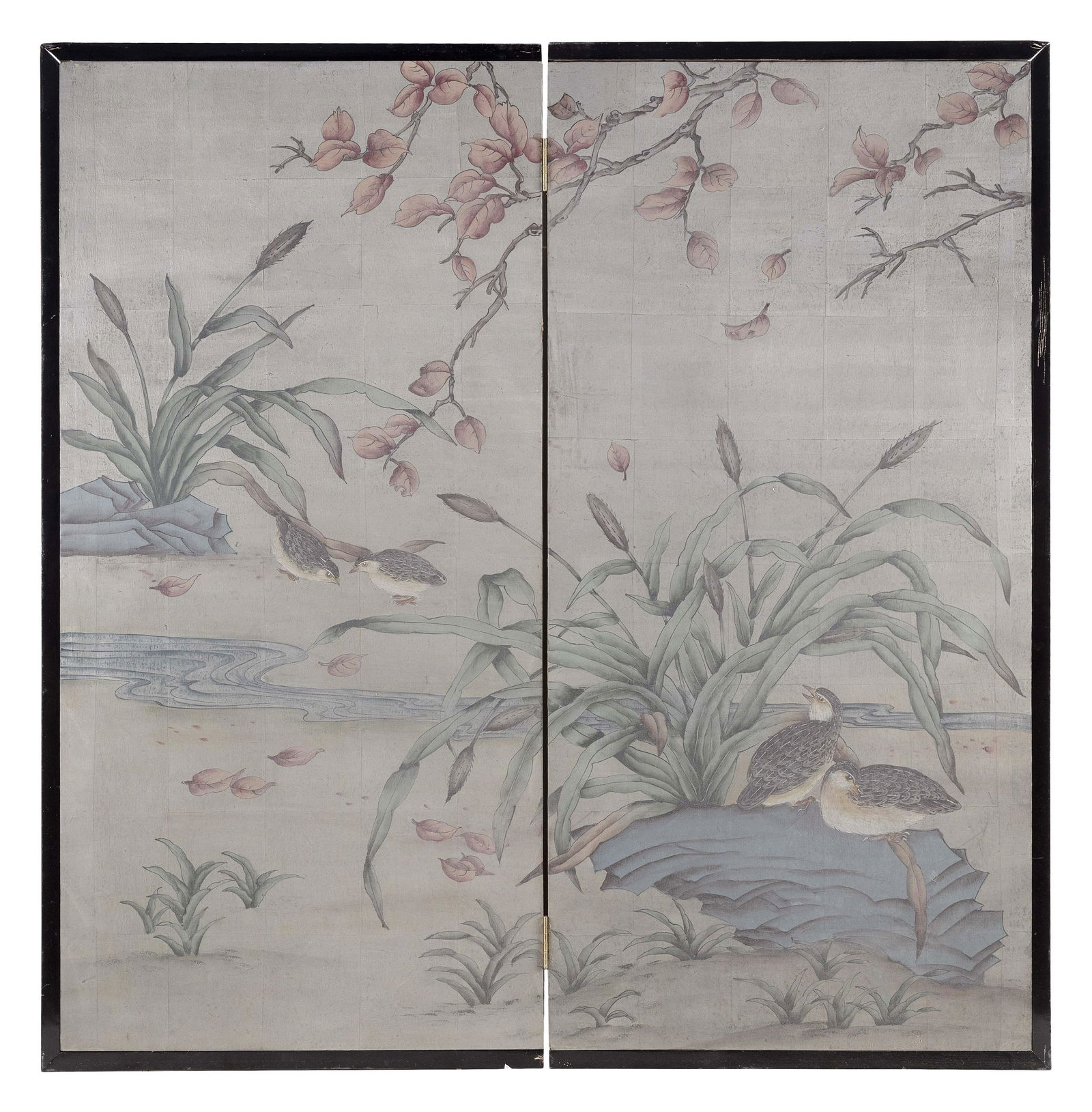 JAPANESE TWO-PANEL PAINTED WOOD SCREEN Meiji Period Height 50”. Length 48”. (1 of 2)