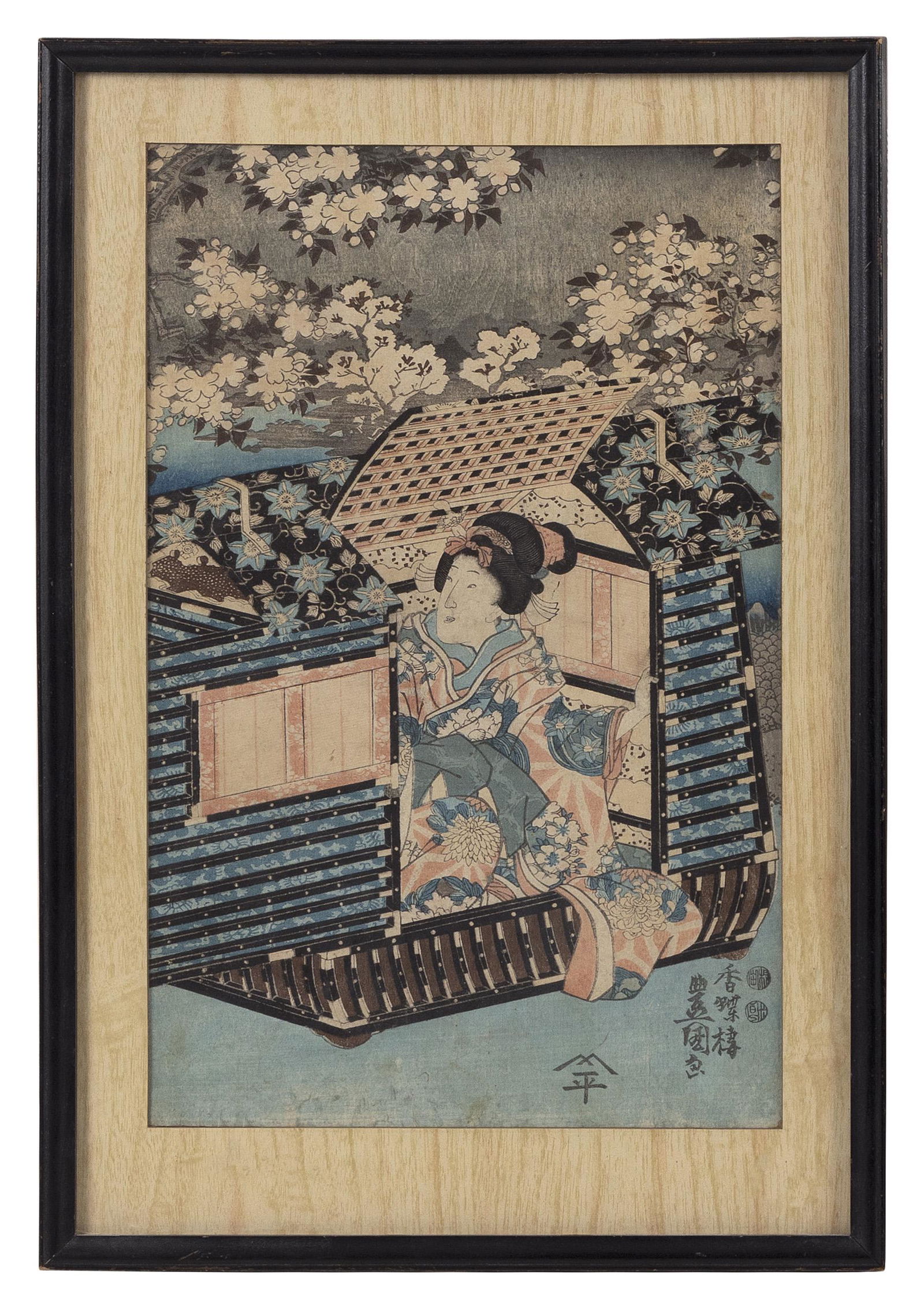 UTAGAWA TOYOKUNI III (Japan, 1786-1865), Woman in a palanquin., Woodblock print, oban tate-e, (1 of 2)