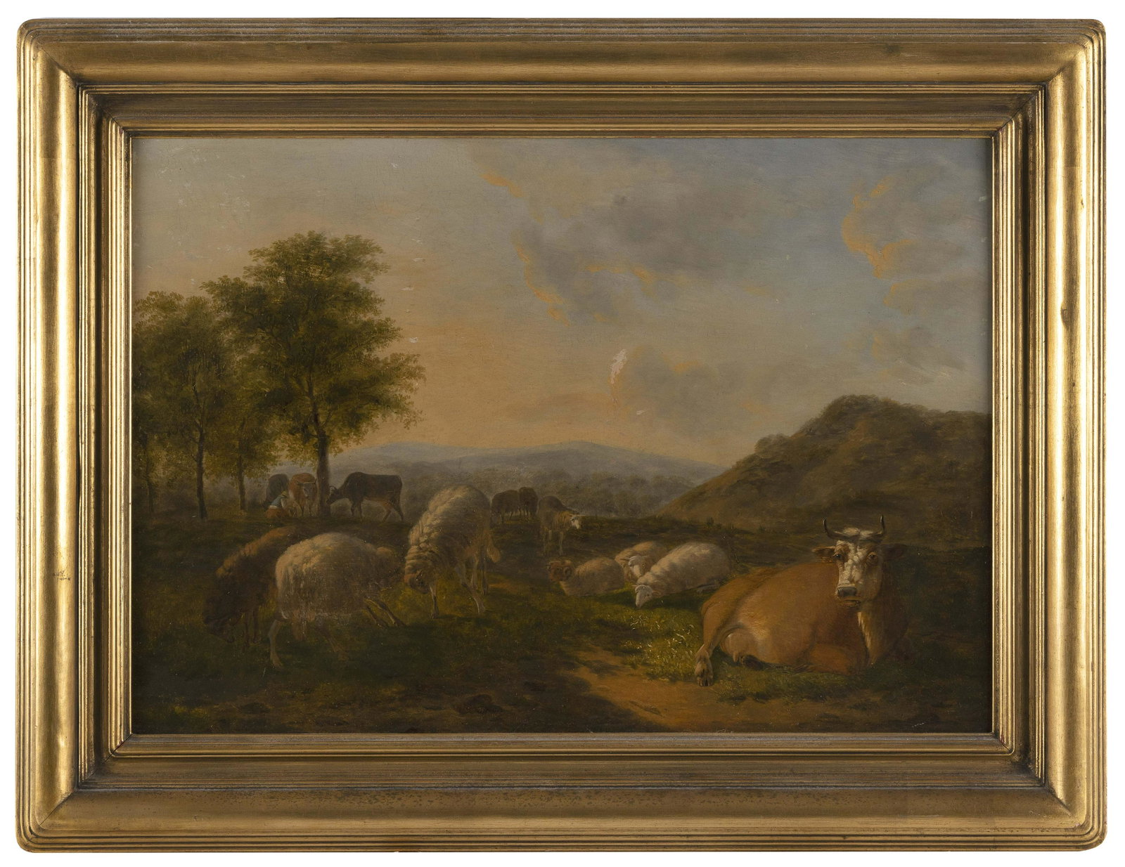 CONTINENTAL SCHOOL (19th Century,), Grazing livestock., Oil on board, 15.5" x 22.75". Framed 21.5" x: CONTINENTAL SCHOOL 19th Century Grazing livestock. Unsigned. Oil on board, 15.5" x 22.75". Framed 21.5" x 28.5".