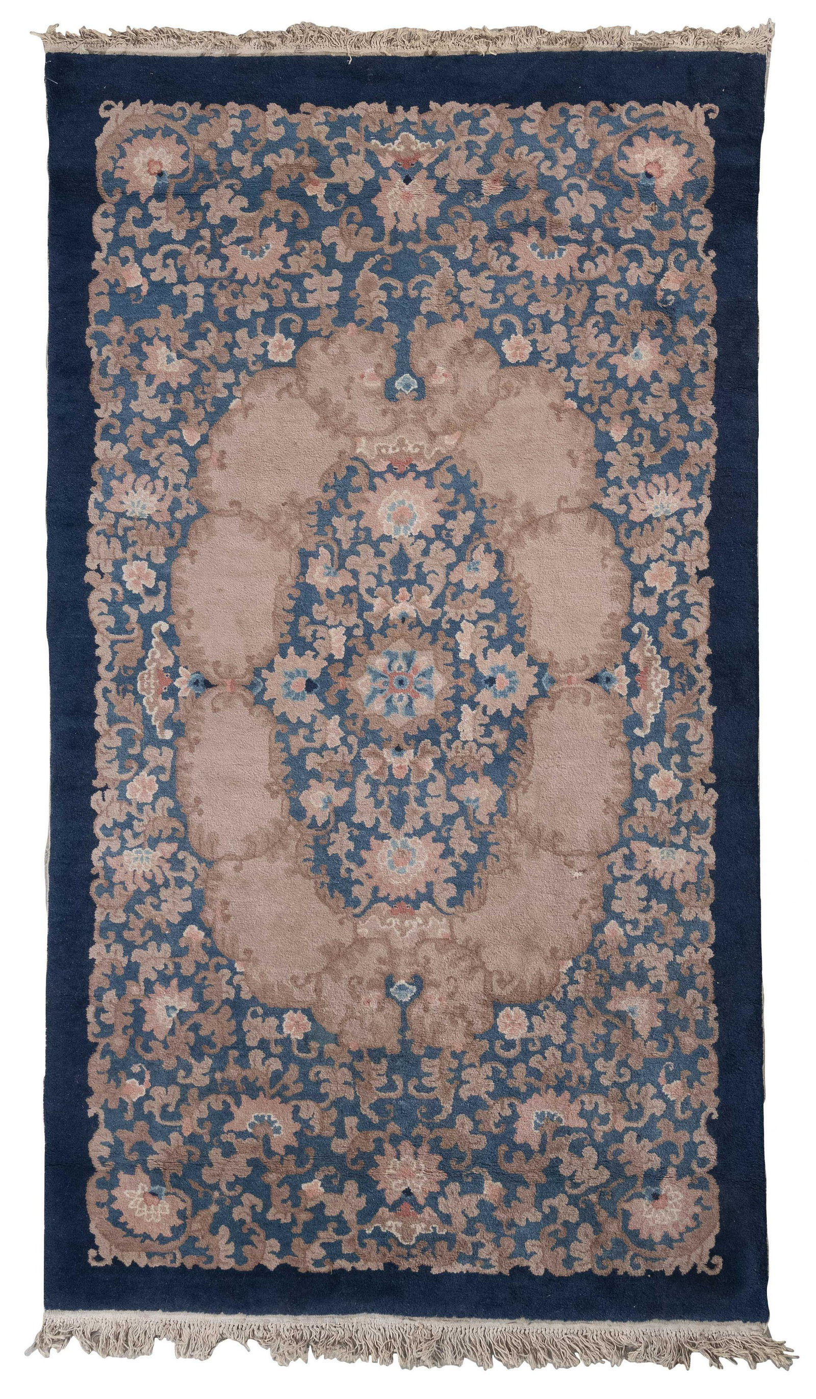 CHINESE RUG: 5’1” X 8’9” First Half of the 20th Century: CHINESE RUG: 5’1” X 8’9” First Half of the 20th Century Contiguous tan cartouches form an oval medallion at the center of blue field filled with blossoms, branches and bats ren