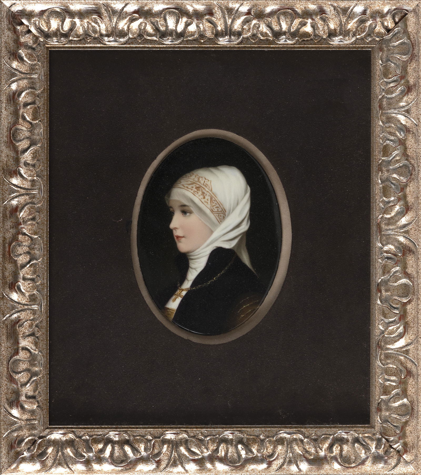CONTINENTAL KPM-STYLE PORCELAIN PORTRAIT PLAQUE 19th Century Plaque 6.5” x 5”. Framed (1 of 1)