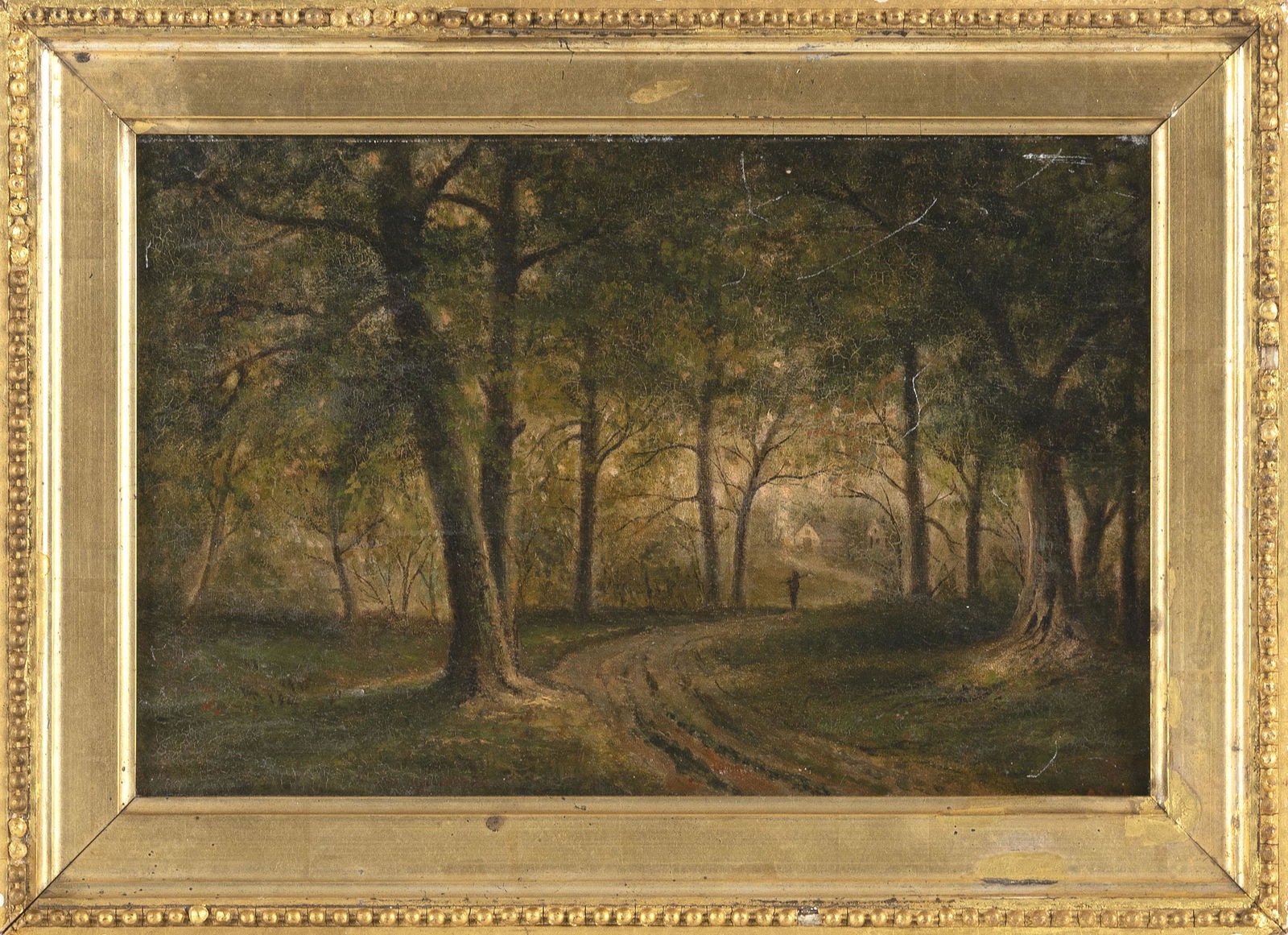SAMUEL S. MILES (Massachusetts, b. 1824), A lone figure on a forest path., Oil on panel, 8" x 12". (1 of 2)