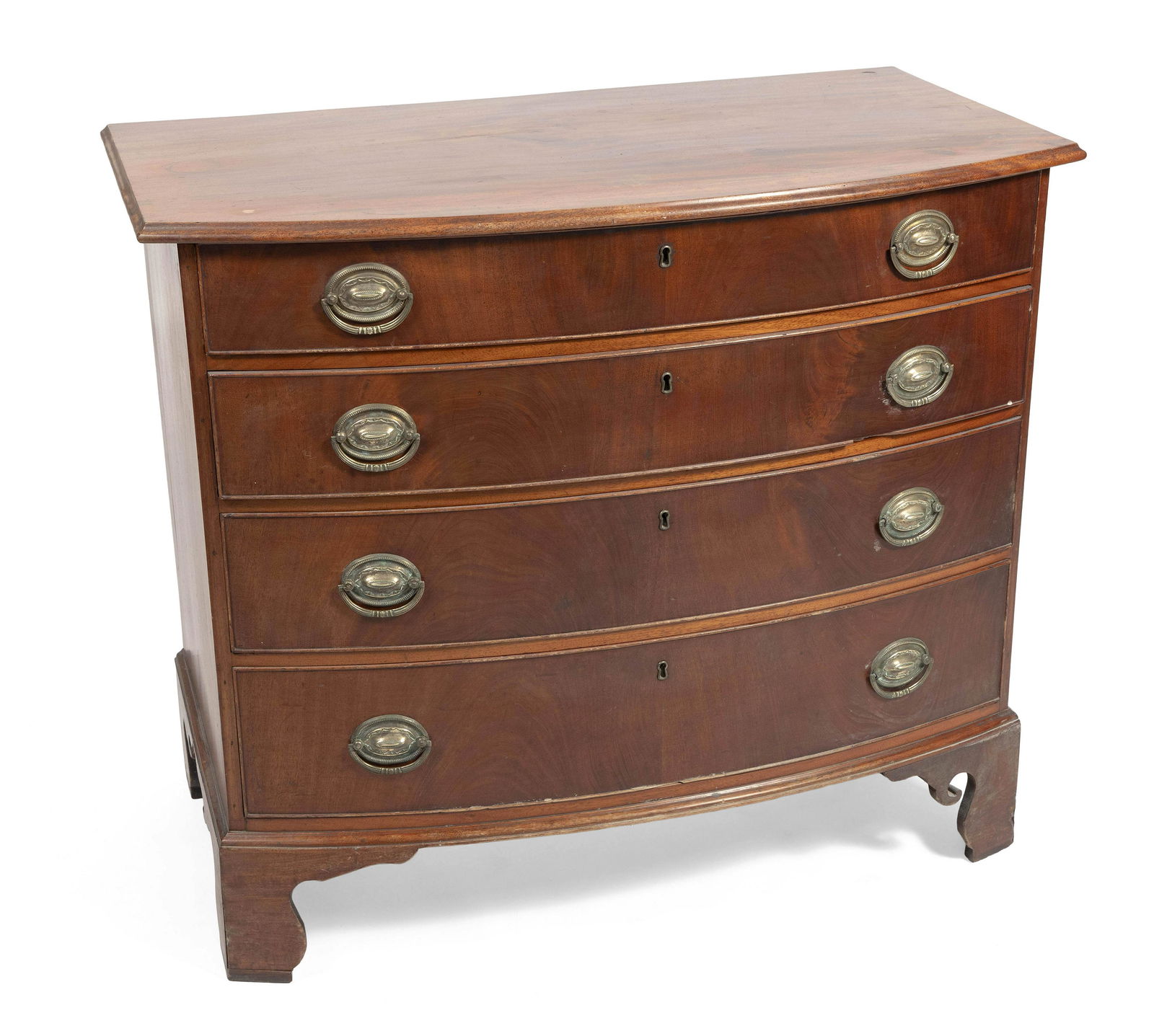 CHIPPENDALE BOWFRONT BUREAU Circa 1810 Height 33”. Width 38”. Depth 21.5”. (1 of 1)