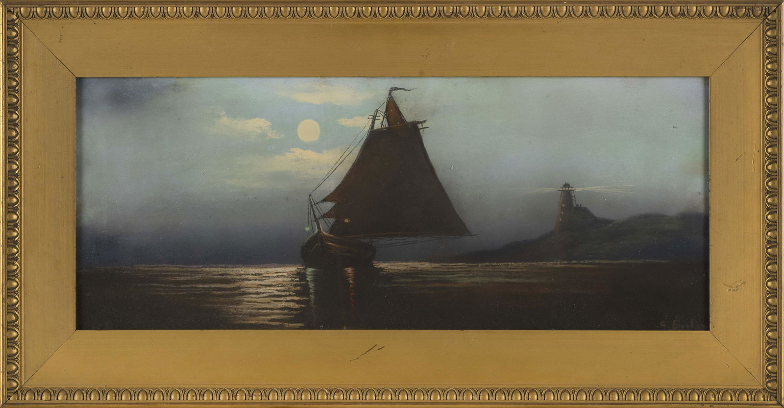 CLARENCE E. BRALEY (Massachusetts, 1854-1927), Moonlit coastal scene with small boat and: CLARENCE E. BRALEYMassachusetts, 1854-1927Moonlit coastal scene with small boat and lighthouse. Signed lower right â€œC. Braley”.Pastel on paper, 9.5” x 24.5” sight. Framed 15.25