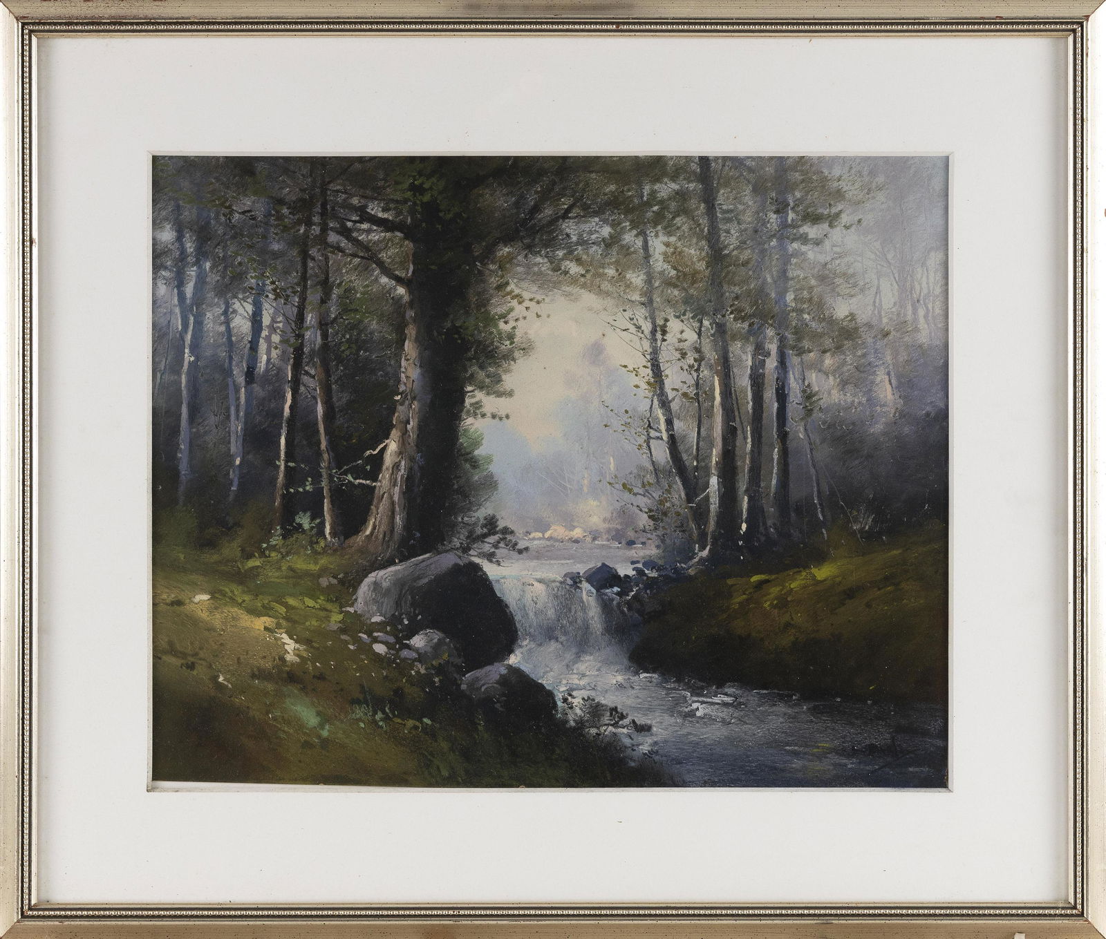 CLARENCE E. BRALEY (Massachusetts, 1854-1927), Woodland landscape with waterfall., Pastel on paper,: CLARENCE E. BRALEYMassachusetts, 1854-1927Woodland landscape with waterfall. Signed lower right â€œBraley”.Pastel on paper, 15.5” x 19.5”. Framed 23” x 27.”