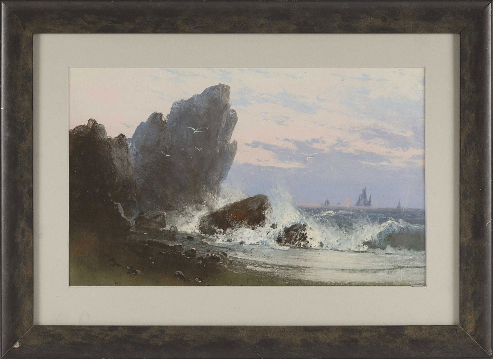 CLARENCE E. BRALEY (Massachusetts, 1854-1927), Sunrise over a rocky coast., Pastel on paper, 11.5" x: CLARENCE E. BRALEYMassachusetts, 1854-1927Sunrise over a rocky coast. Signed lower left "C. Braley".Pastel on paper, 11.5" x 18.75" sight. Framed 19" x 26".