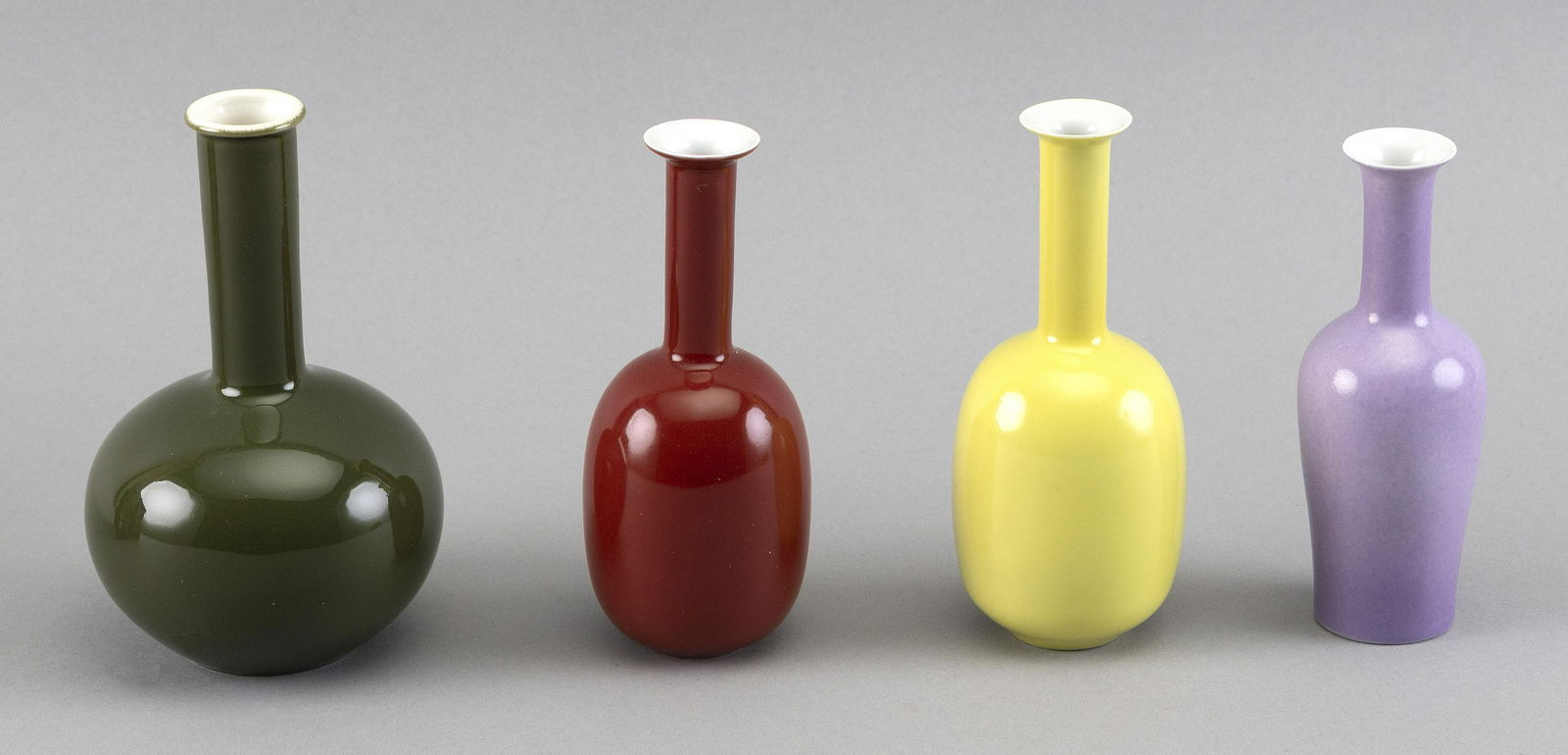 FOUR CHINESE MONOCHROME PORCELAIN MINIATURE VASES 20th Century Heights from 4.5" to 5". (1 of 2)