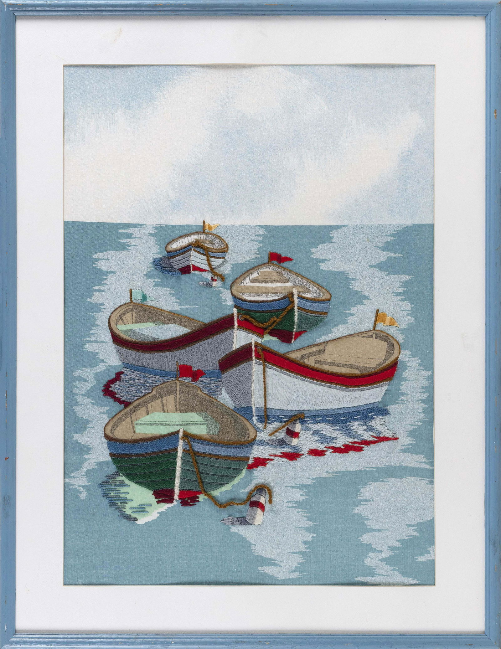 WOOLWORK PICTURE OF MOORED DORIES Late 20th Century 25" x 17.5" sight. Framed 31.5" x 24". (1 of 2)
