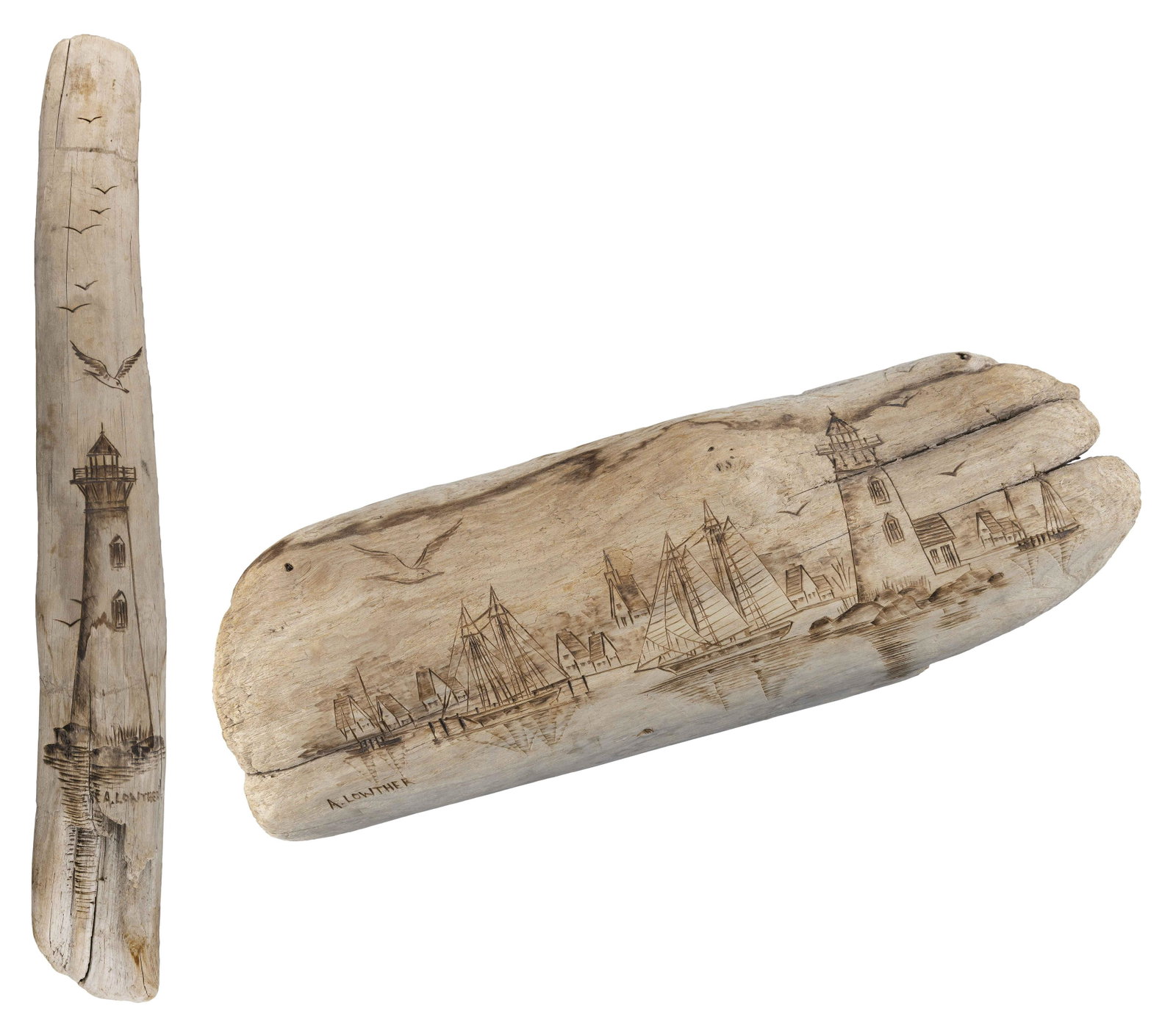 ANNA LOWTHER (Massachusetts, Contemporary), Two wood burning pyrographic pictures on driftwood.,: ANNA LOWTHER Massachusetts, Contemporary Two wood burning pyrographic pictures on driftwood. Both depict a lighthouse, one within a seaside village. Both signed “A. Lowther”. Lengths 19