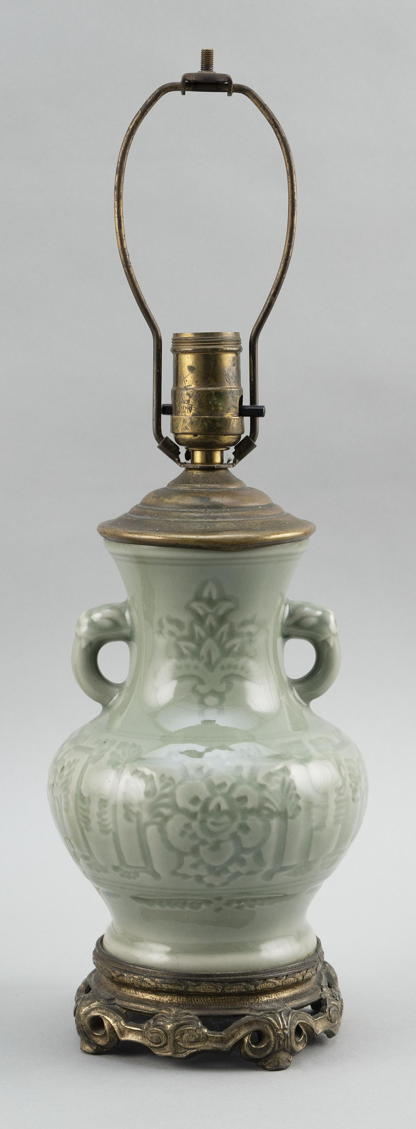 JAPANESE CELADON PORCELAIN BALUSTER VASE 20th Century Height 13". Mounted as a table lamp with a (1 of 1)