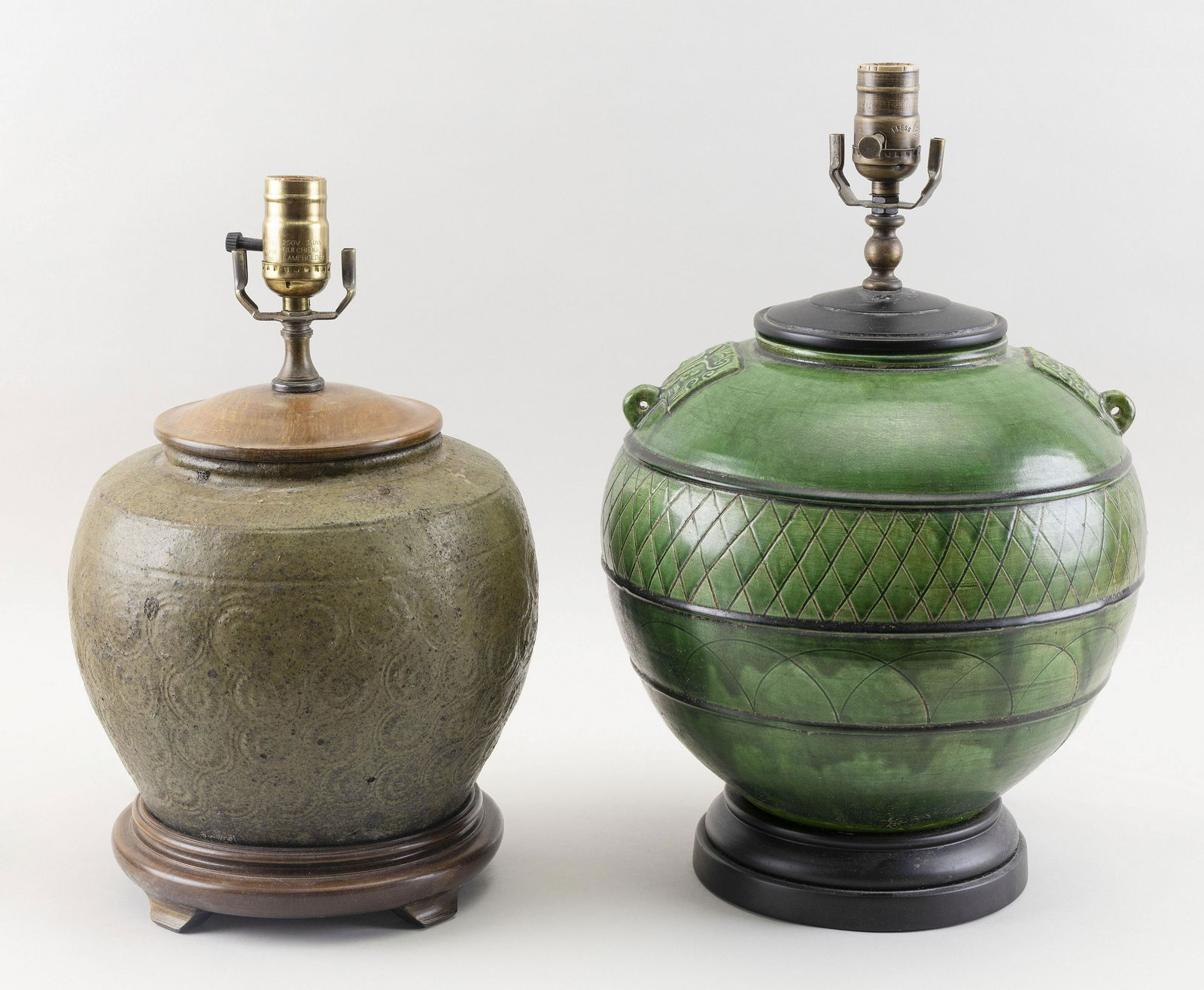 TWO CHINESE STONEWARE OVOID JARS 19th Century Mounted as table lamps. Total heights 15" and 17” (1 of 1)