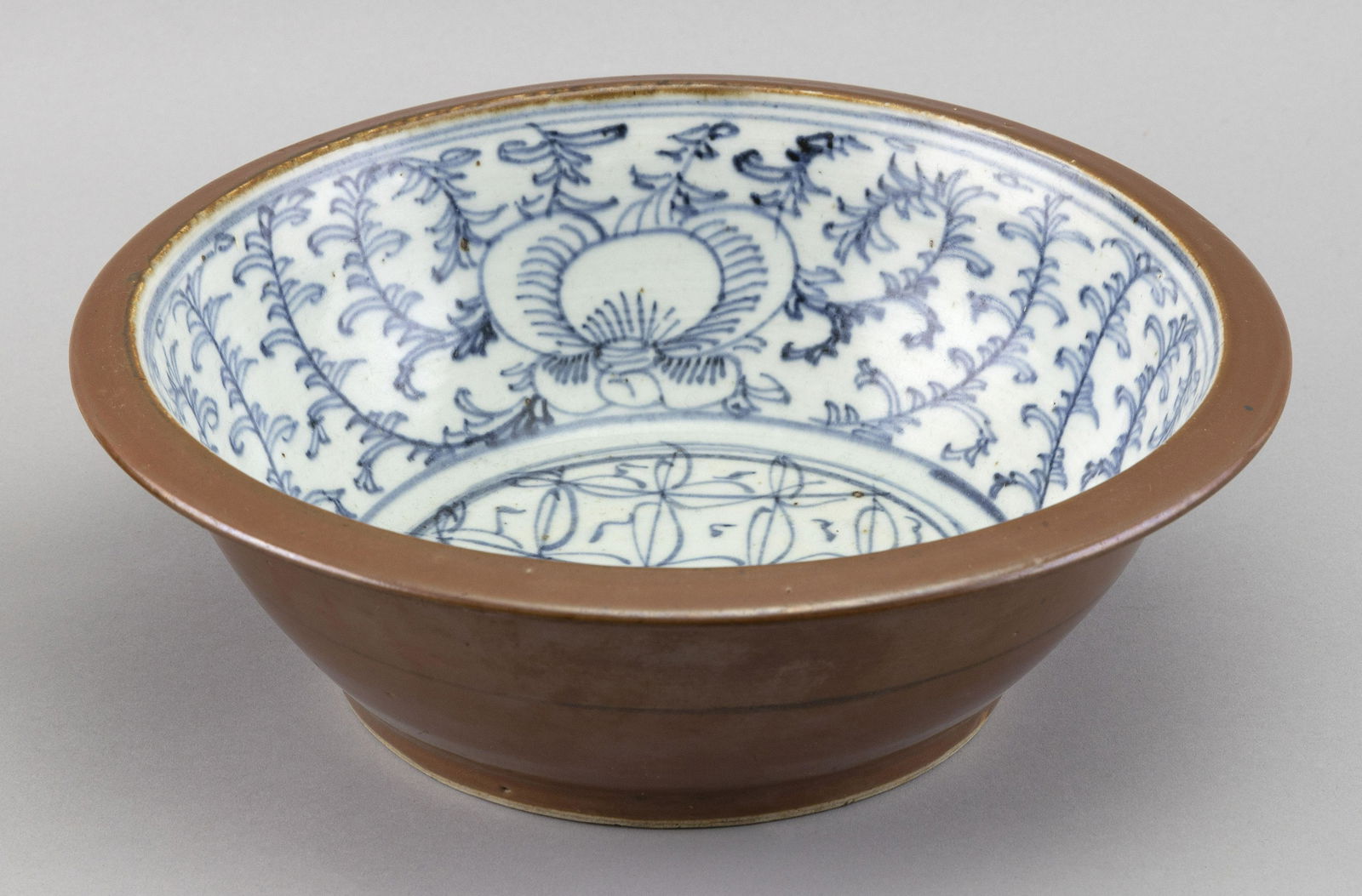 CHINESE CAFÉ AU LAIT AND BLUE AND WHITE PORCELAIN BOWL Late 19th Century Height 4". Diameter (1 of 3)