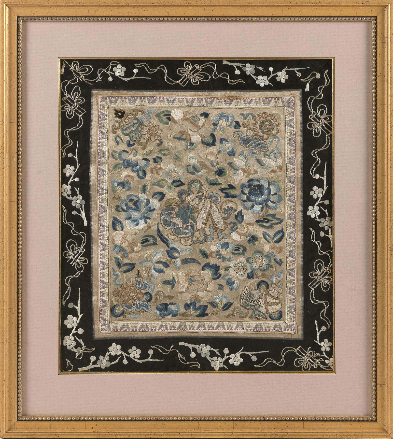 CHINESE SILK NEEDLEWORK PANEL Late 19th Century Panel 12.5” x 10”. Framed 22” x (1 of 2)