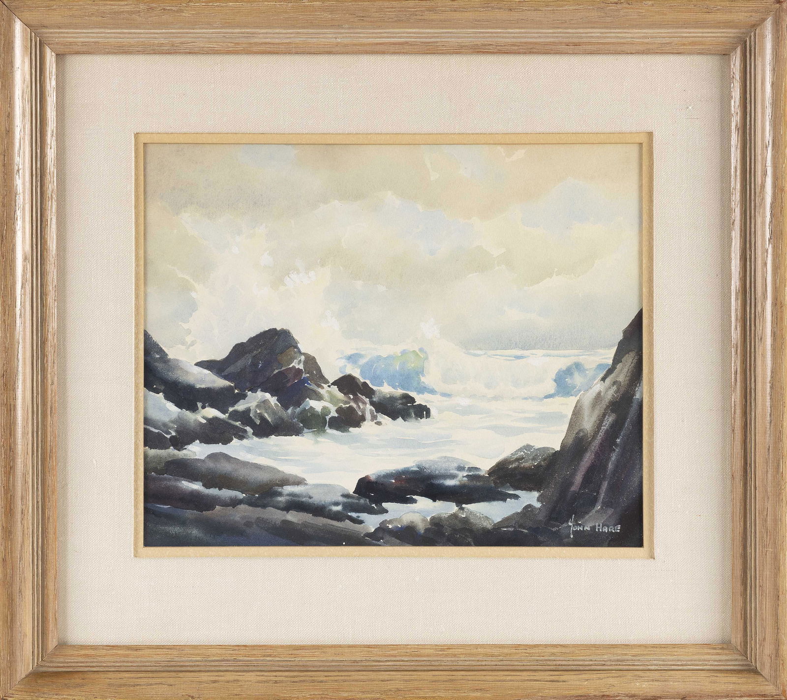 JOHN CUTHBERT HARE (Massachusetts/Florida, 1908-1978), Crashing surf., Watercolor on paper,: JOHN CUTHBERT HAREMassachusetts/Florida, 1908-1978Crashing surf. Signed lower right "John Hare".Watercolor on paper, 9.5” x 11.5” sight. Framed 17” x 19”.
