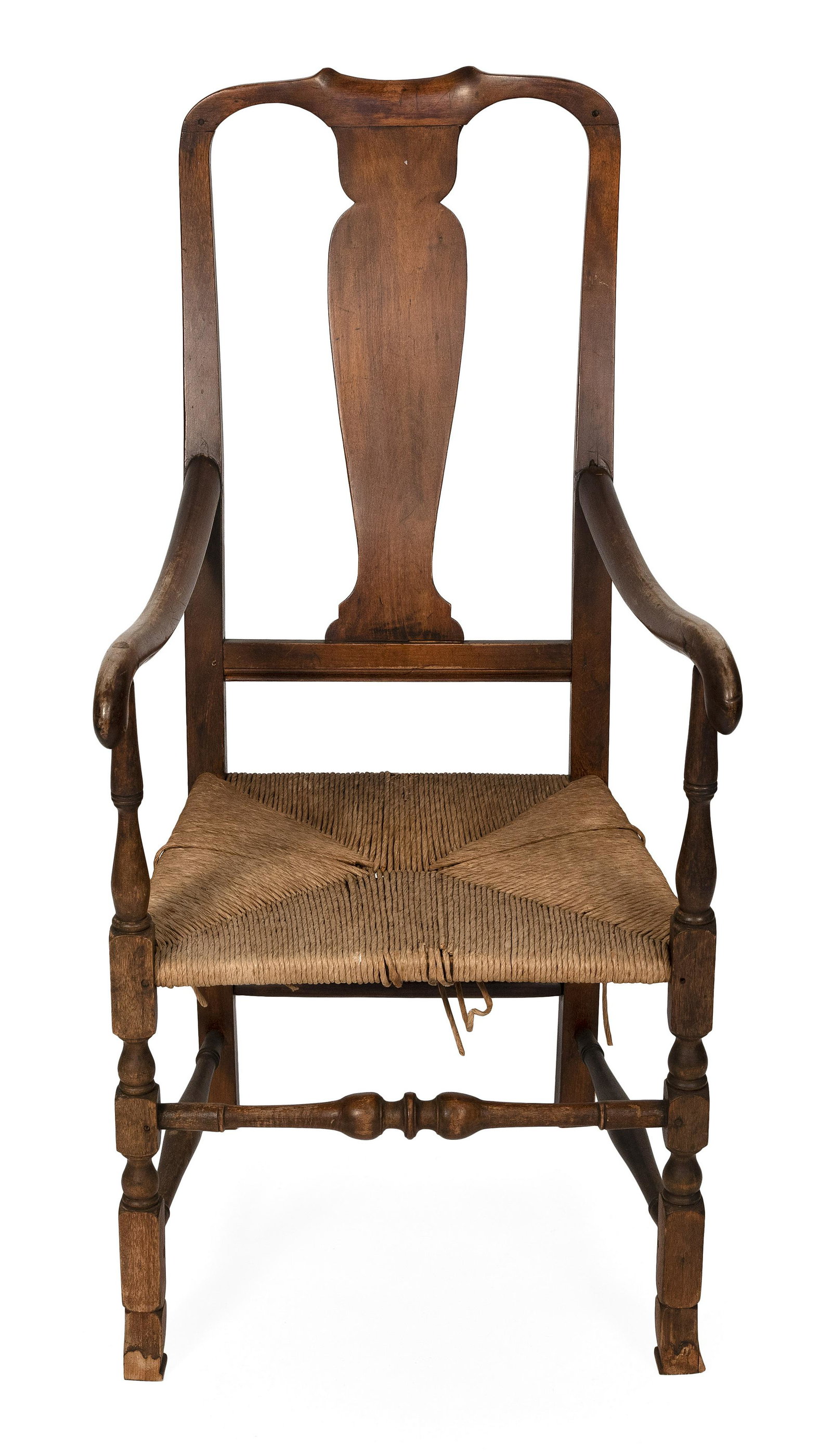 QUEEN ANNE RUSH-SEAT ARMCHAIR America, 18th Century Back height 43.5”. Seat height 17.5”: QUEEN ANNE RUSH-SEAT ARMCHAIRAmerica, 18th CenturyIn maple.Back height 43.5”. Seat height 17.5”.