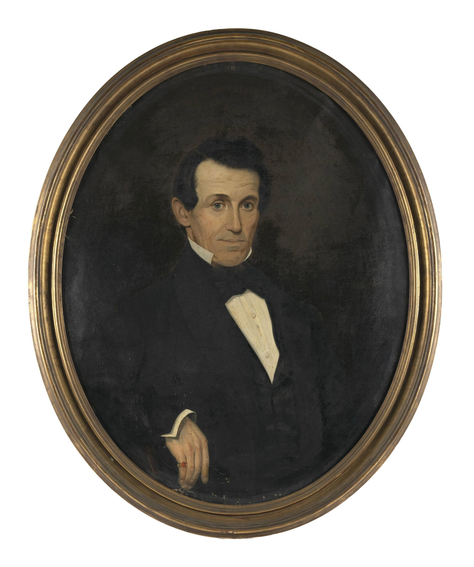 AMERICAN SCHOOL (New York, 19th Century), Portrait of a gentleman., Oil on canvas, oval 33.5”: AMERICAN SCHOOL New York, 19th Century Portrait of a gentleman. Family lore indicates this is a member of the Smith family, founders of Smithtown, Long Island, New York. Oil on canvas, oval 33.5”
