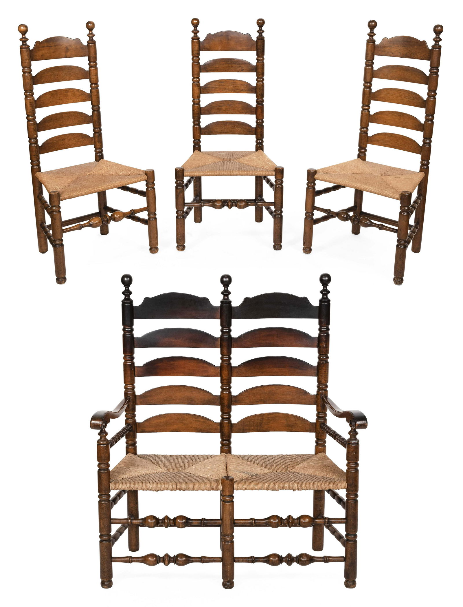 WALLACE NUTTING PILGRIM-STYLE LADDER-BACK SETTEE AND THREE MATCHING SIDE CHAIRS Massachusetts, Early (1 of 3)