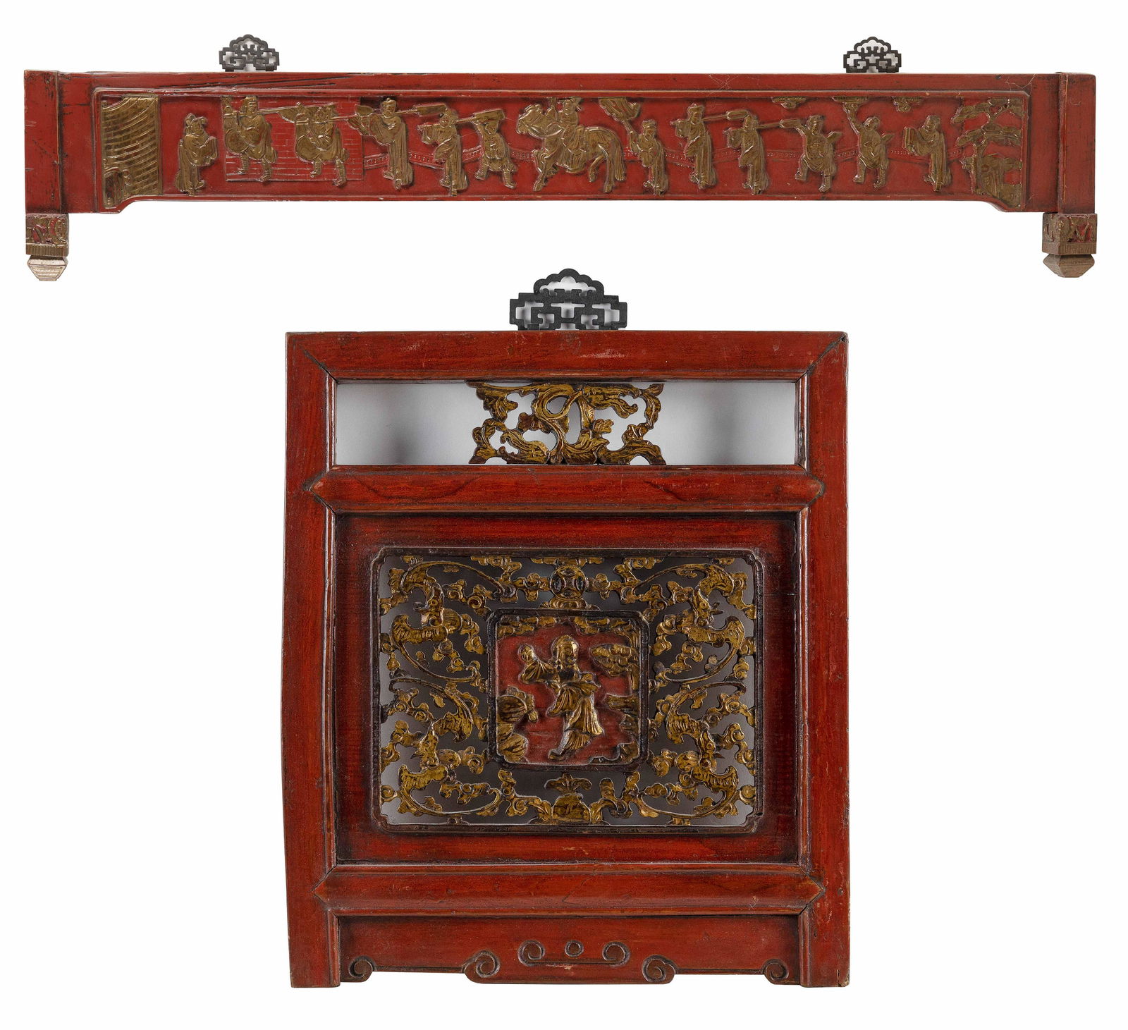TWO RED AND GILT LACQUERED CARVED WOODEN PANELS Early 20th Century (1 of 4)