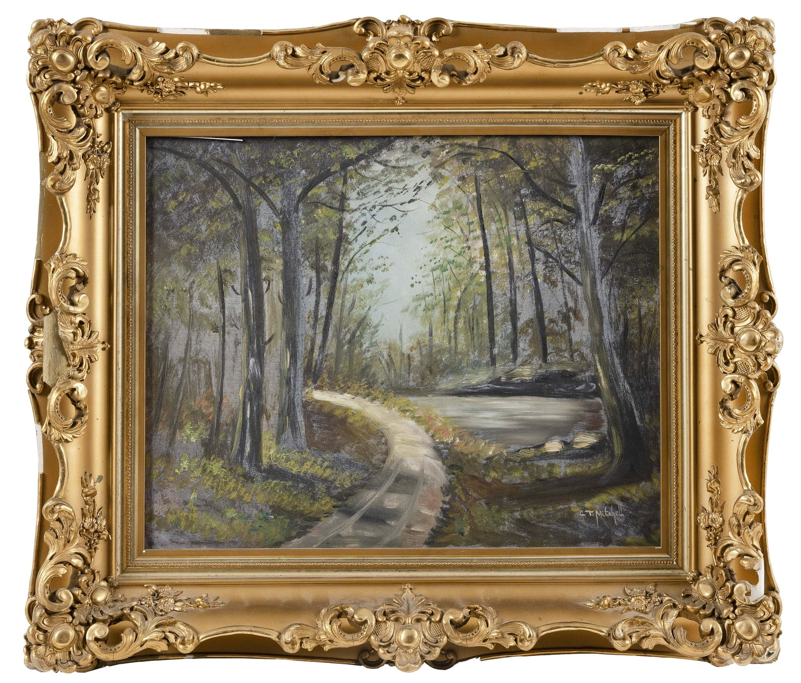 AMERICAN SCHOOL (Early 20th Century,), A road winding around trees., Oil on canvas, 16" x 20".: AMERICAN SCHOOL Early 20th Century A road winding around trees. Signed lower right "L.T. Mitchell". Oil on canvas, 16" x 20". Framed 25" x 29".