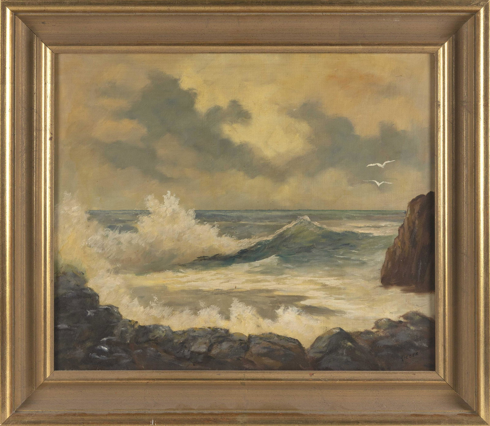 AMERICAN SCHOOL (20th Century,), Gulls soaring over a rocky coast., Oil on canvas, 20" x 24". Framed: AMERICAN SCHOOL 20th Century Gulls soaring over a rocky coast. Signed lower right "Sieber". Oil on canvas, 20" x 24". Framed 26" x 30".