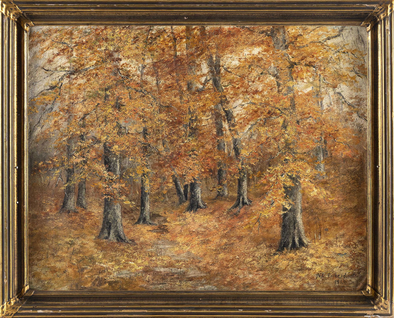 AMERICAN SCHOOL (Early 20th Century,), Autumnal scene., Oil on canvas, 16" x 20". Framed 19" x 23". (1 of 2)