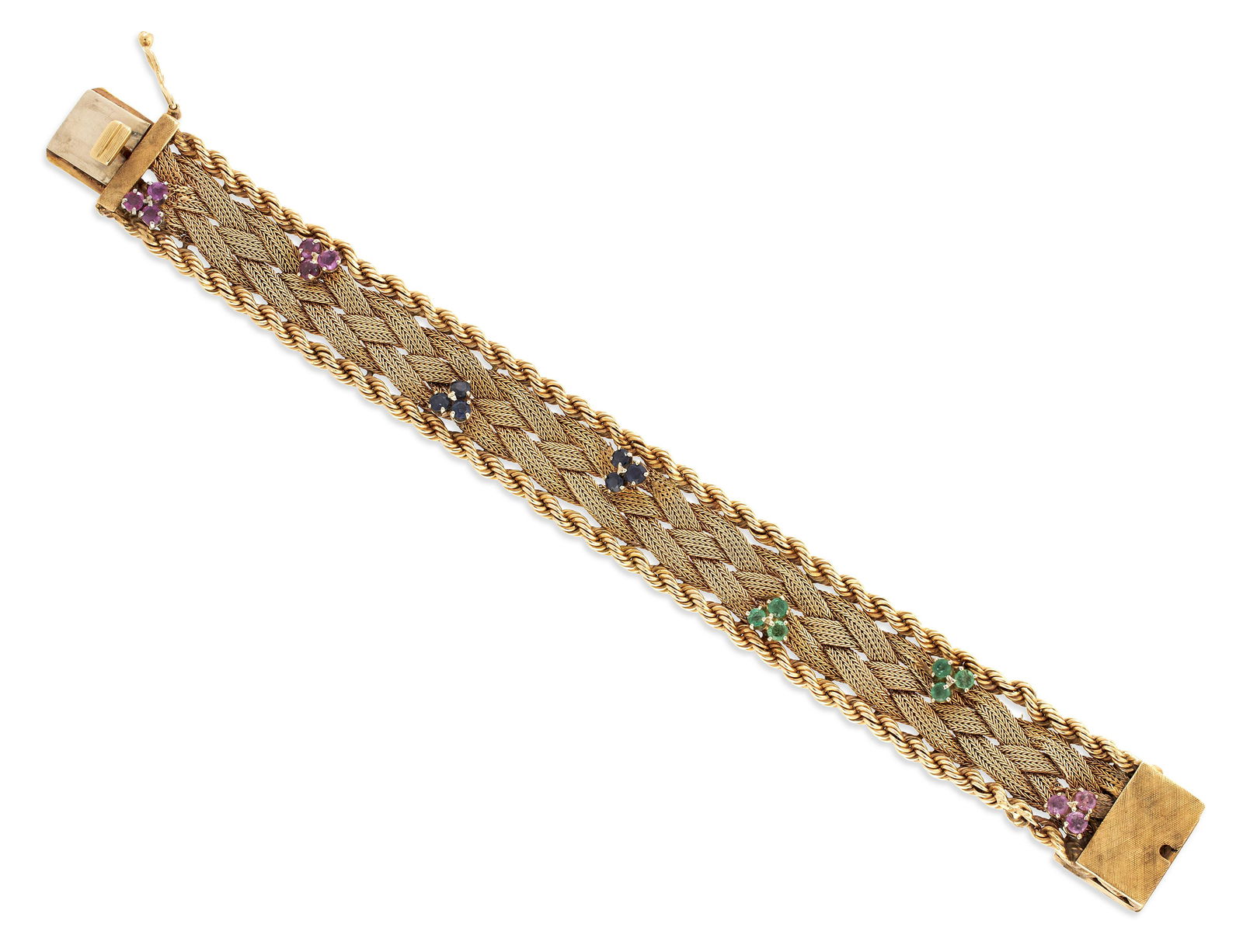 14KT YELLOW GOLD, RUBY, SAPPHIRE AND EMERALD WOVEN MESH BRACELET Approx. 21.37 total dwt. (1 of 1)