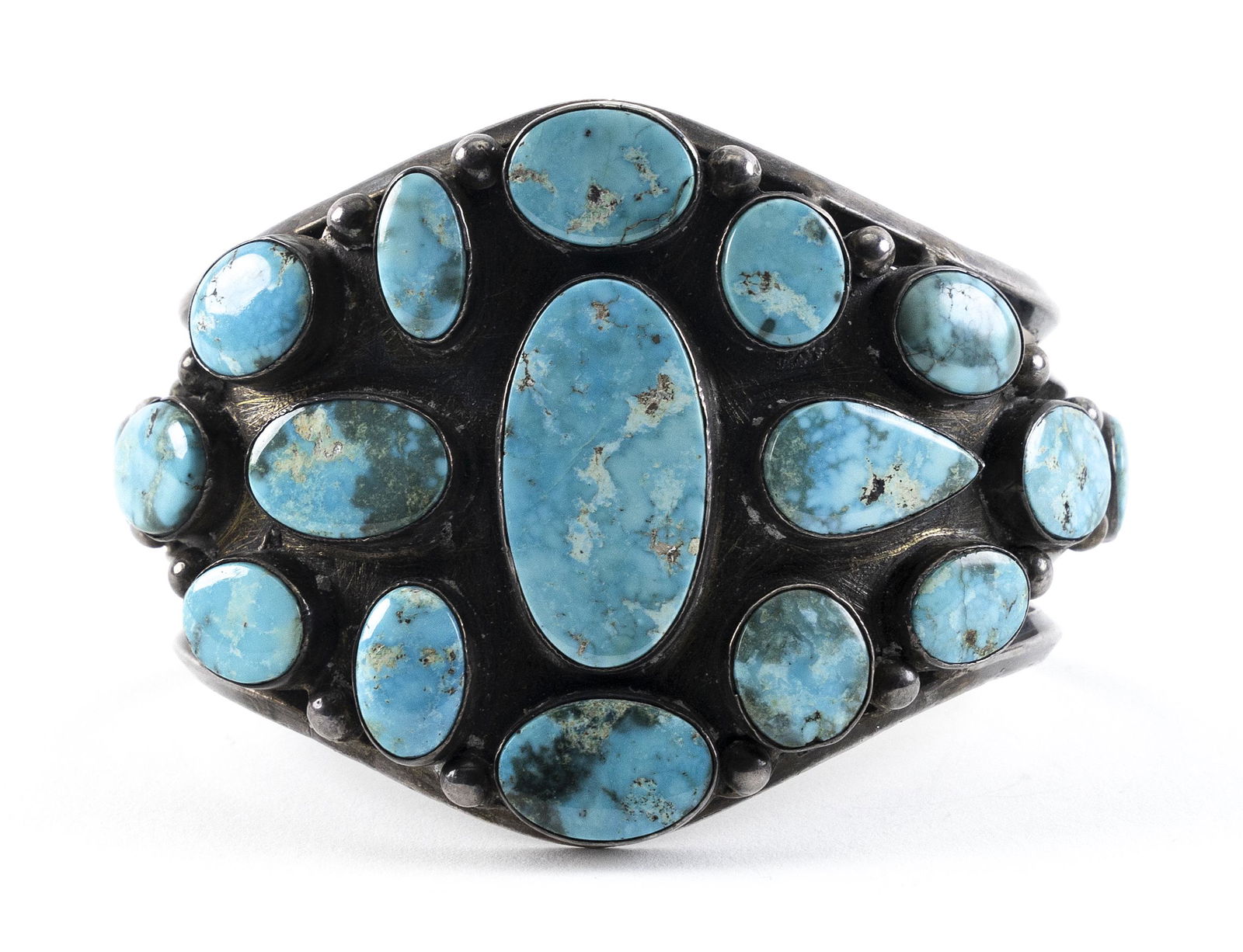 EXCEPTIONAL NAVAJO SILVER AND TURQUOISE CLUSTER BRACELET Mid-20th Century Approx. 85 total grams (1 of 3)