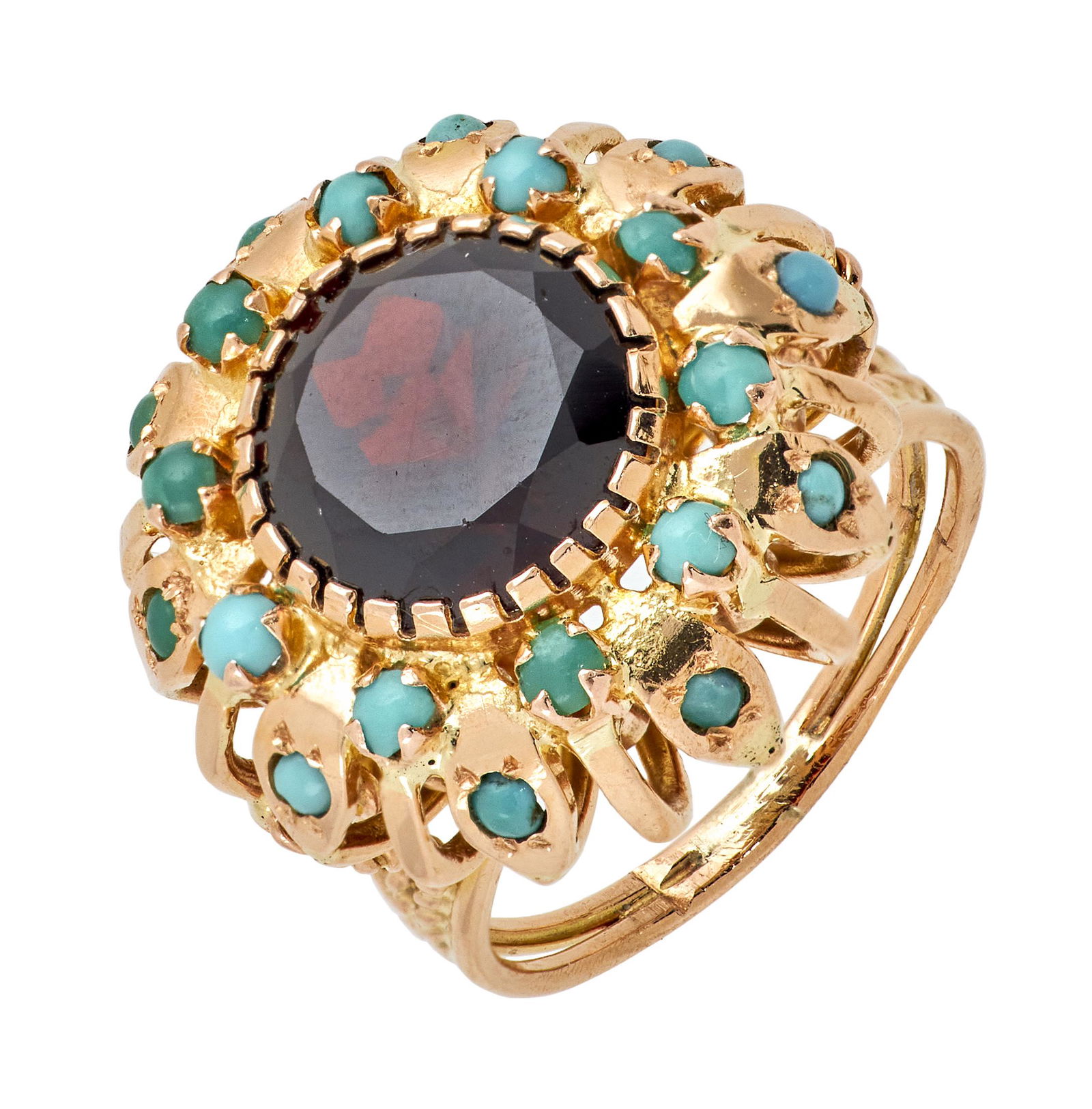 14KT YELLOW GOLD, TURQUOISE AND GARNET RING Approx. 6.46 total dwt. (1 of 1)