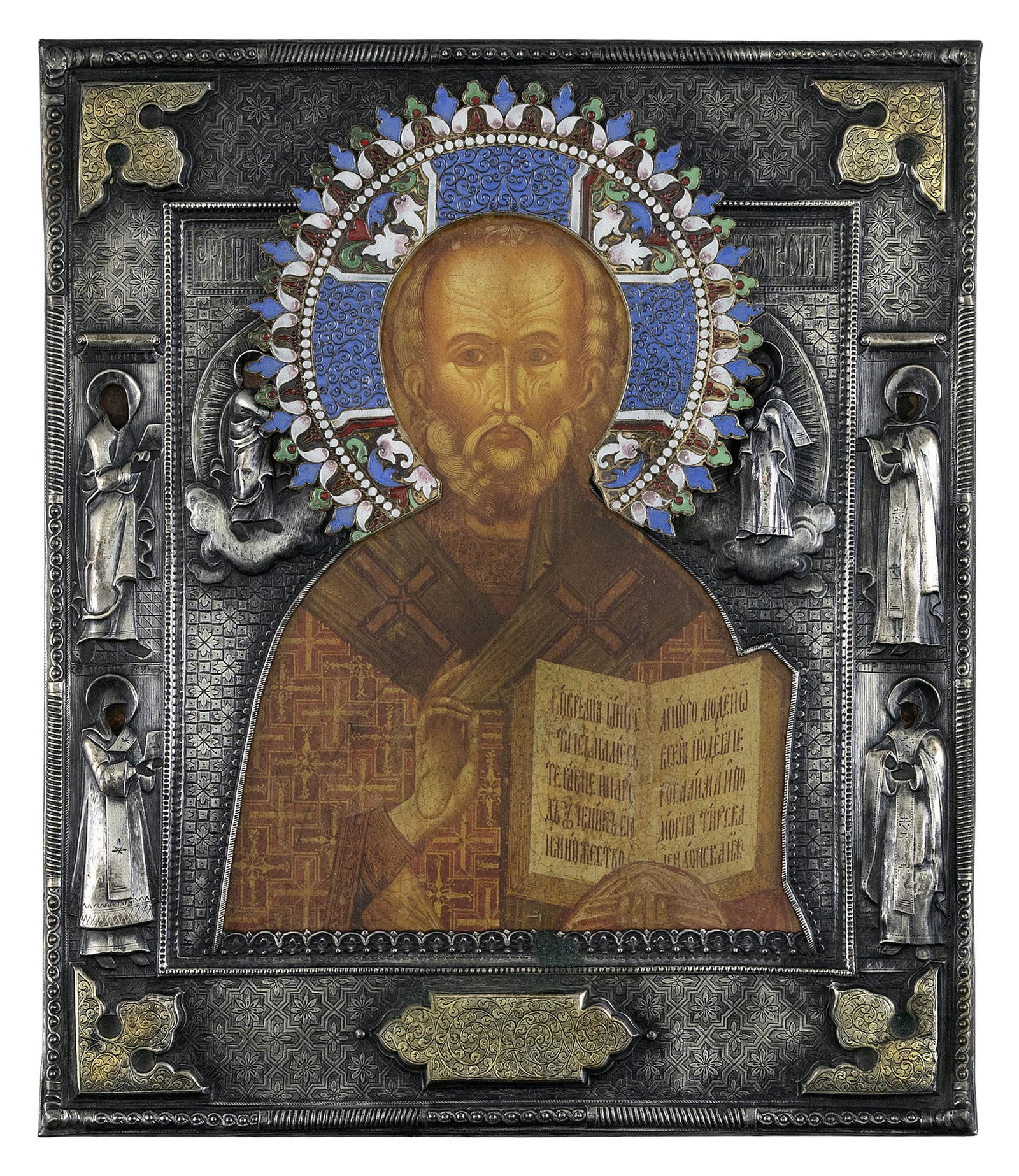 RUSSIAN ENAMELED ICON OF CHRIST PANTOCRATOR 19th Century Height 12.5”. Width 10.75”. (1 of 3)