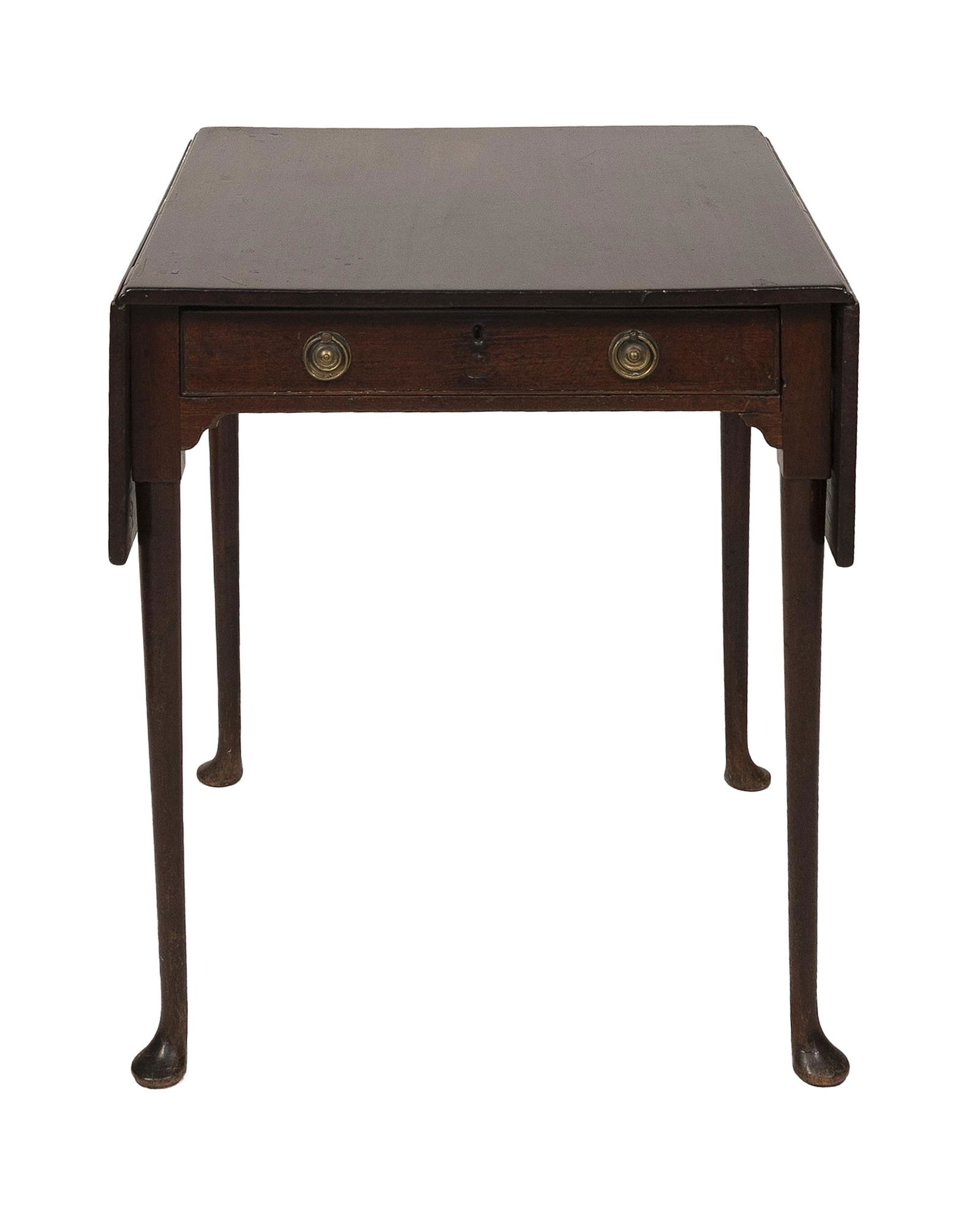ENGLISH QUEEN ANNE PEMBROKE TABLE 18th/19th Century Height 27.5”. Width 23" plus two 9" drop: ENGLISH QUEEN ANNE PEMBROKE TABLE18th/19th CenturyIn walnut. One drawer in apron. Straight legs end in Queen Anne pad feet.Height 27.5”. Width 23" plus two 9" drop leaves. Depth 25R