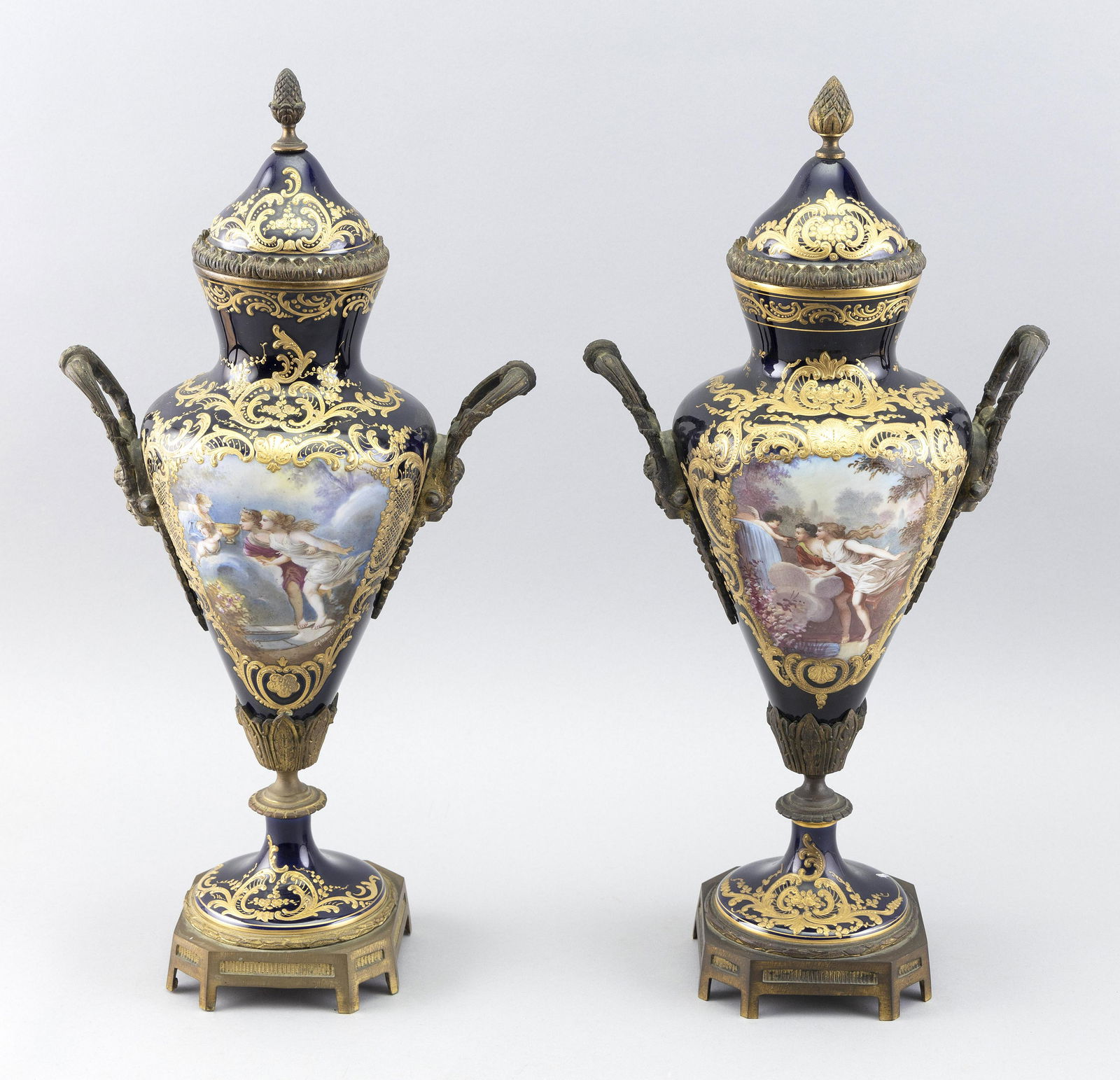 PAIR OF ORMOLU-MOUNTED SÈVRES COVERED URNS SIGNED "QUENTIN" Late 19th Century Heights 18” (1 of 3)