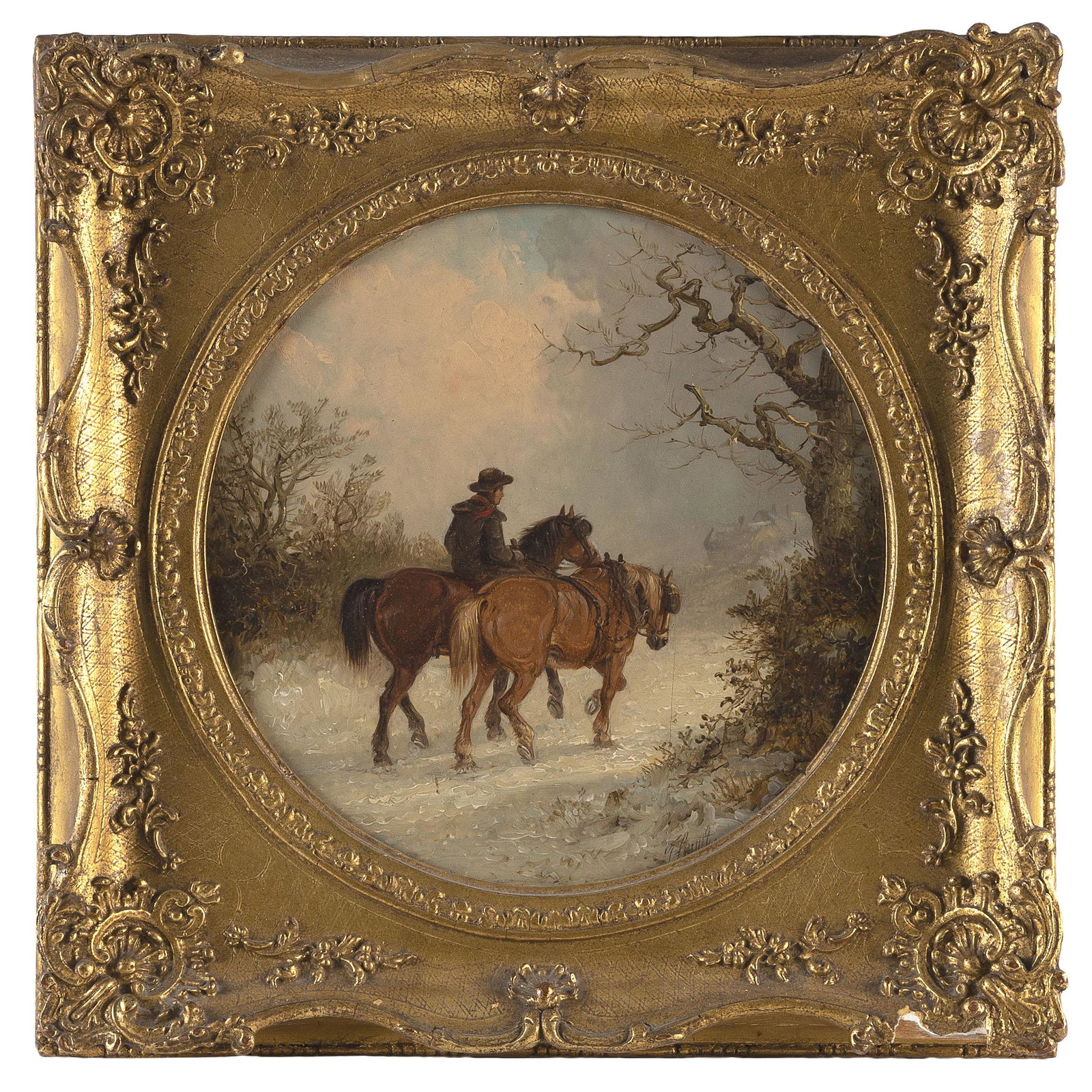 LIONEL PERCY SMYTHE (France, 1839-1918), Horses and rider in a snowy landscape., Oil on cradled (1 of 2)