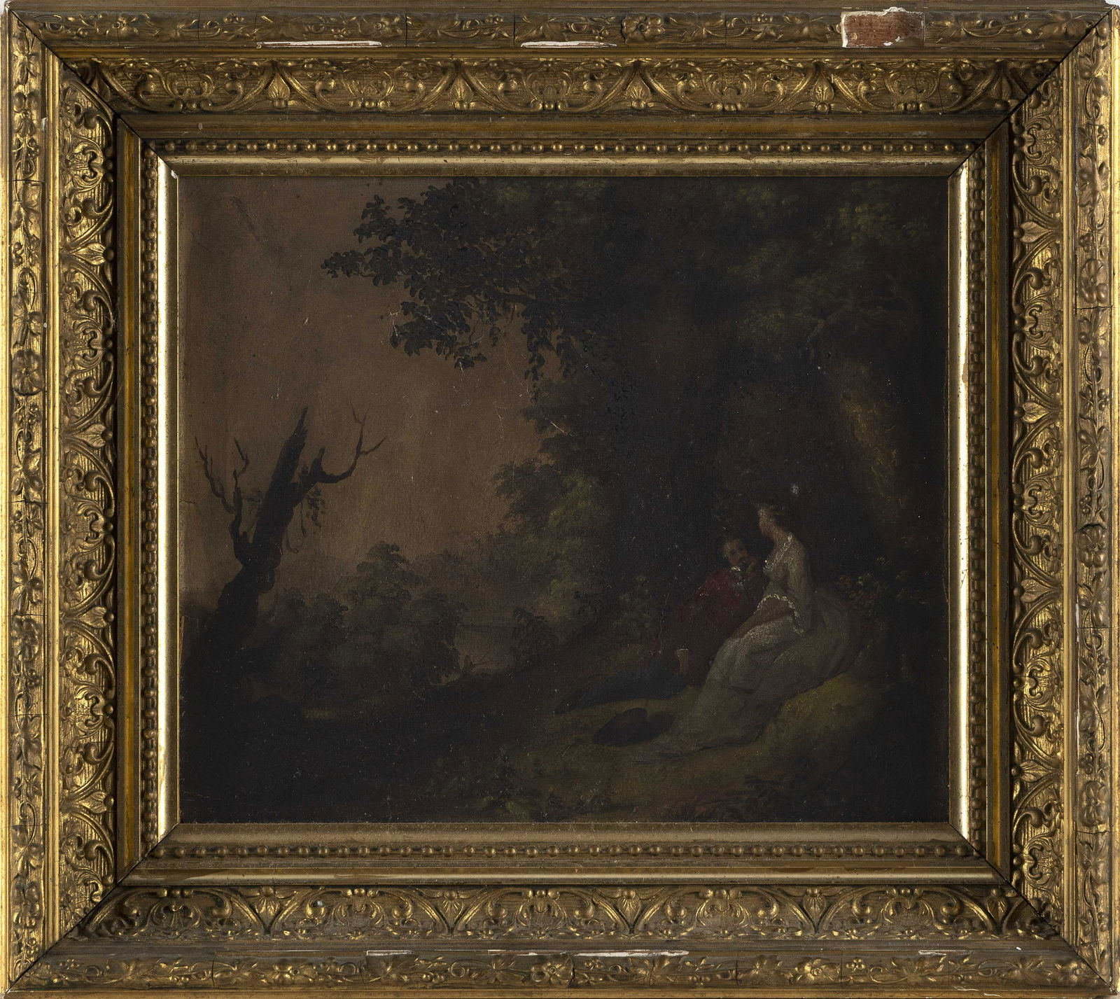 CONTINENTAL SCHOOL (19th Century,), Couple in a river landscape., Oil on canvas stretched over (1 of 2)