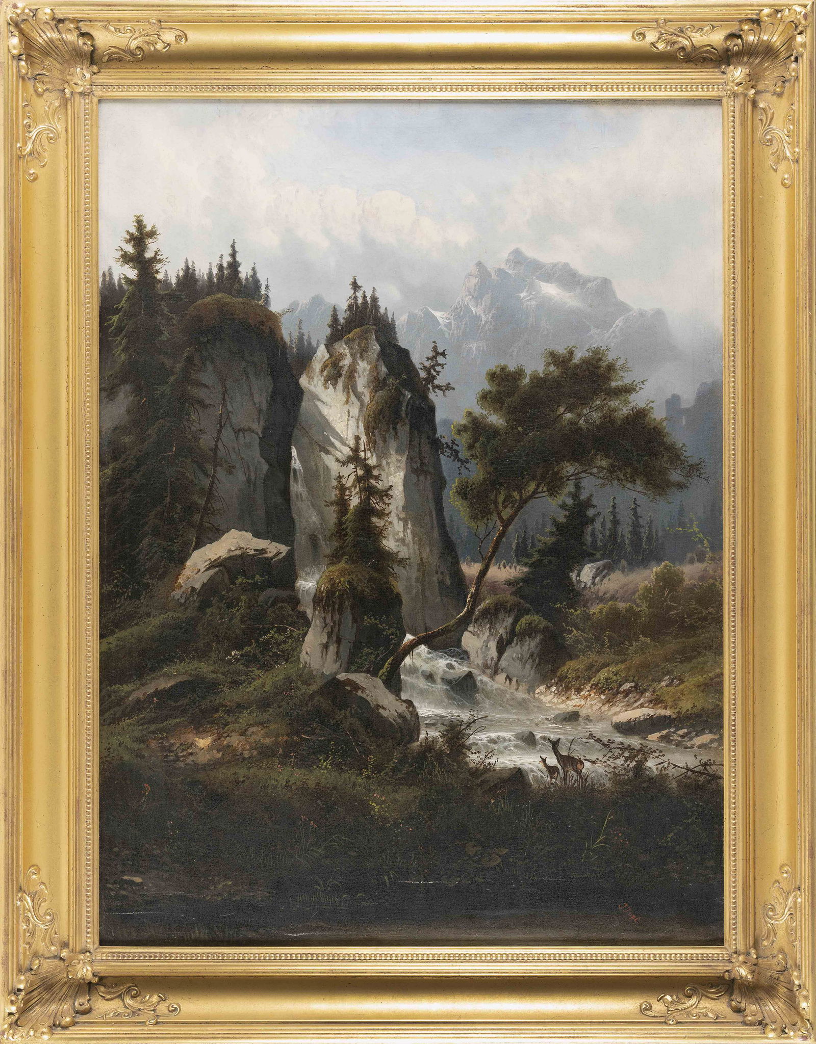 JULIUS ZOPF (Austria, 1838-1897), Deer at a river in a mountainous landscape. (1 of 2)