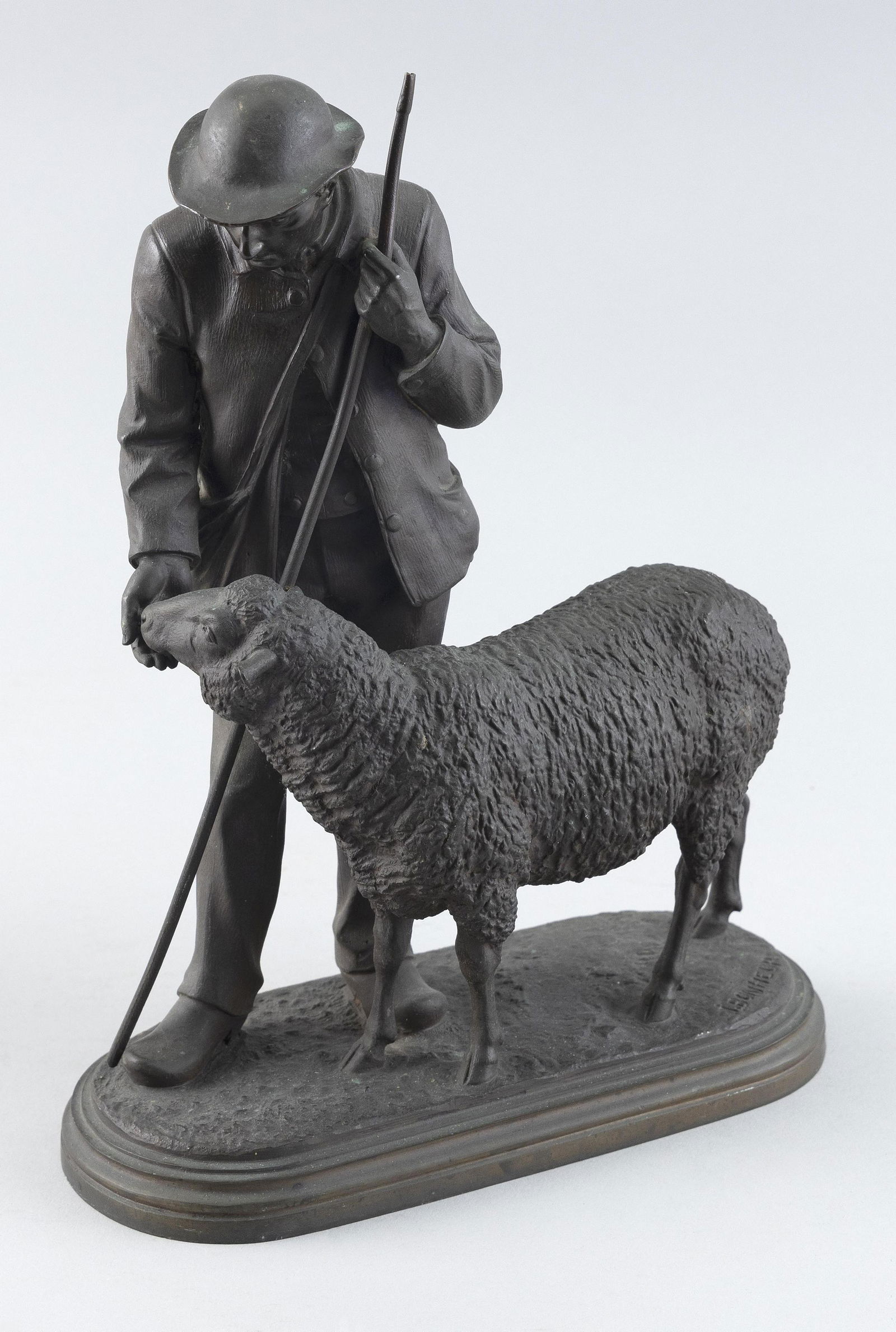 ISADORE BONHEUR, France, 1827-1901“Le Bergere et Son Mouton”., Bronze, height: ISADORE BONHEURFrance, 1827-1901â€œLe Bergere et Son Mouton”. Cast by the H. Peyrol foundry. Signed on base â€œI. Bonheur”, and with a smaller mark on the edge of the base â€œP