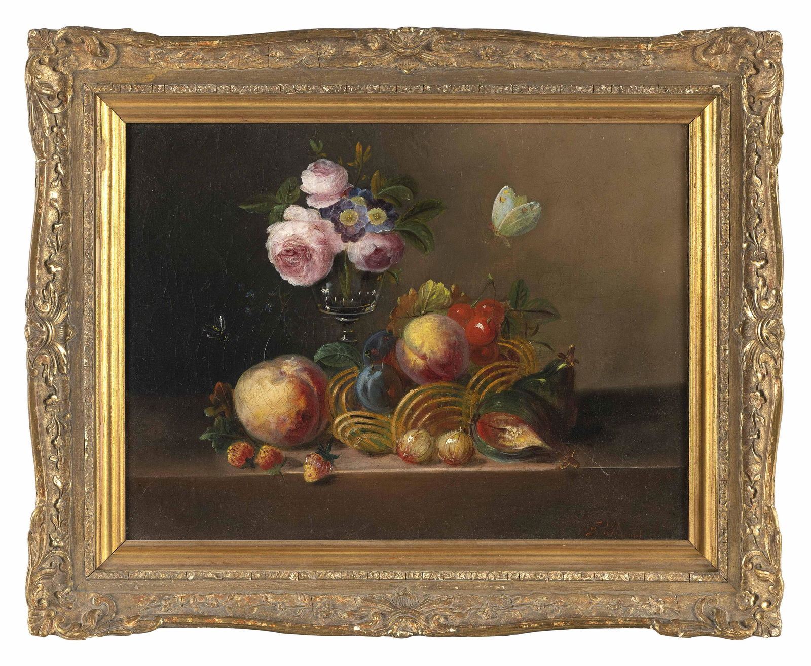 CLAUDE GUILLEMINET (France, 1821-1860), Tabletop still life of flowers, fruit and a butterfly., Oil: CLAUDE GUILLEMINETFrance, 1821-1860Tabletop still life of flowers, fruit and a butterfly. Signed lower right "Guilleminet".Oil on canvas, 12" x 16". Framed 17" x 21".