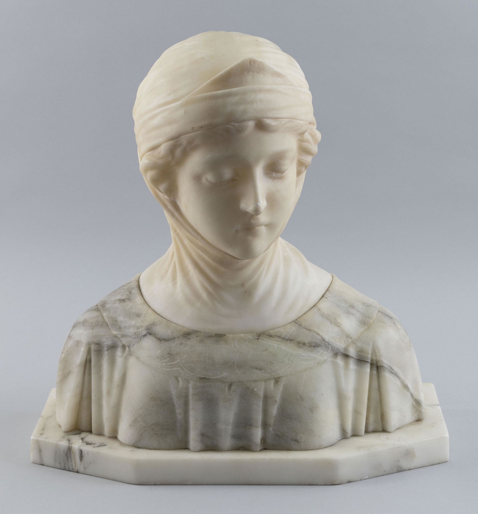 CONTINENTAL CARVED STONE AND MARBLE BUST OF A CLASSICAL WOMAN Late 19th/Early 20th Century Height (1 of 2)