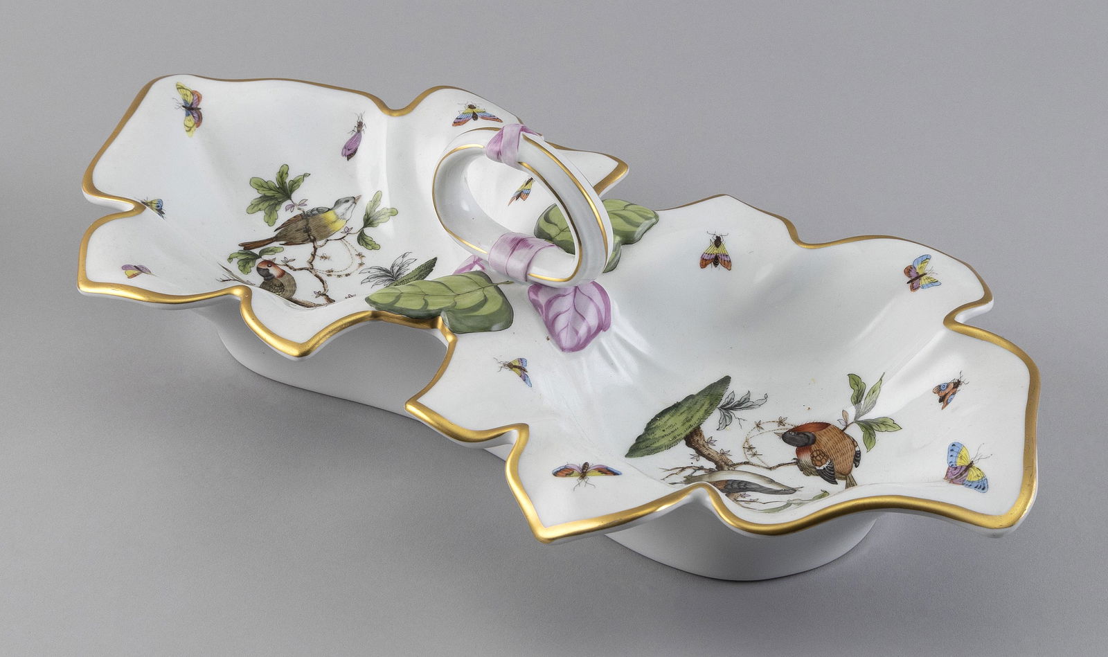 HEREND "ROTHSCHILD BIRD" PORCELAIN DOUBLE LEAF-SHAPED DISH 20th Century Height 5.5”. Length (1 of 3)