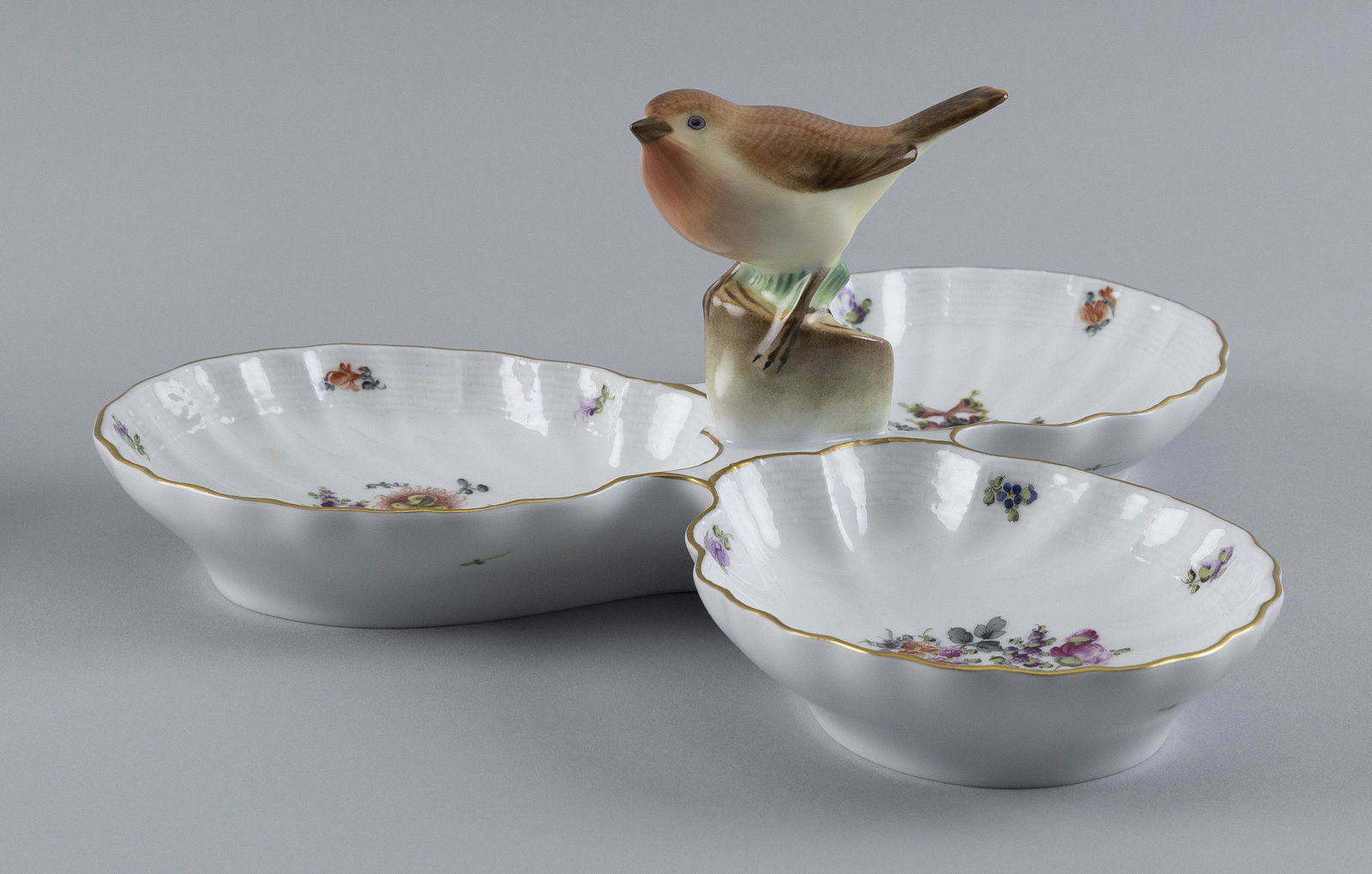 HEREND PORCELAIN THREE-PART CONDIMENT DISH 20th Century Height approx. 5.25”. Length 12” (1 of 3)