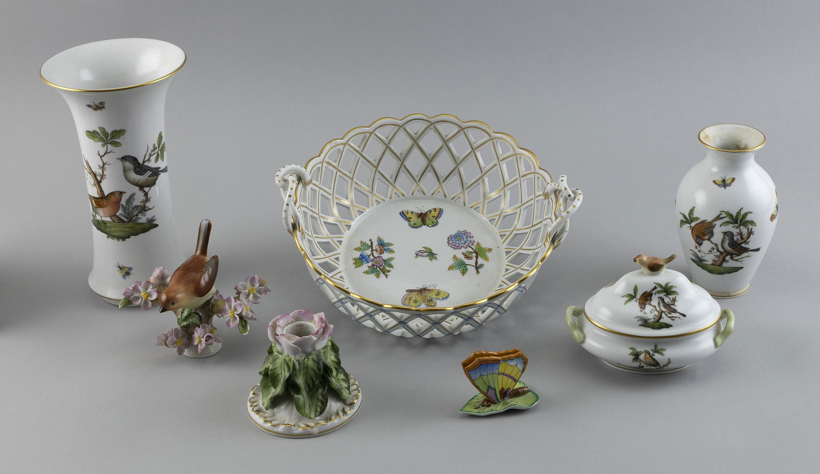 SIX PIECES OF HEREND PORCELAIN AND A LATTICE BOWL 20th Century Heights to 8.5”. Lengths to (1 of 1)