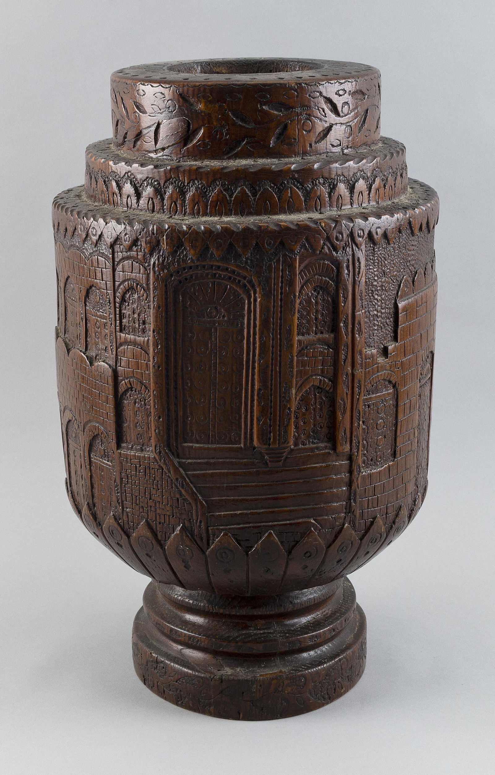 UNUSUAL CONTINENTAL CARVED OAK URN Probably 19th Century Height 17”. Diameter approx. 10” (1 of 2)